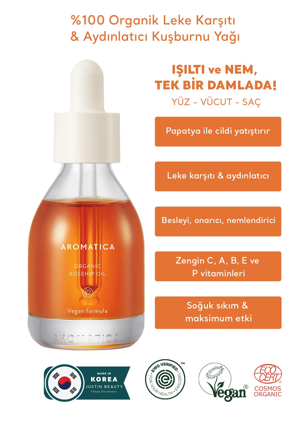 Aromatica Organic Rosehip Oil 30ml -%100 Organik Leke Karşıtı & Aydınlatıcı Kuşburnu Yağı