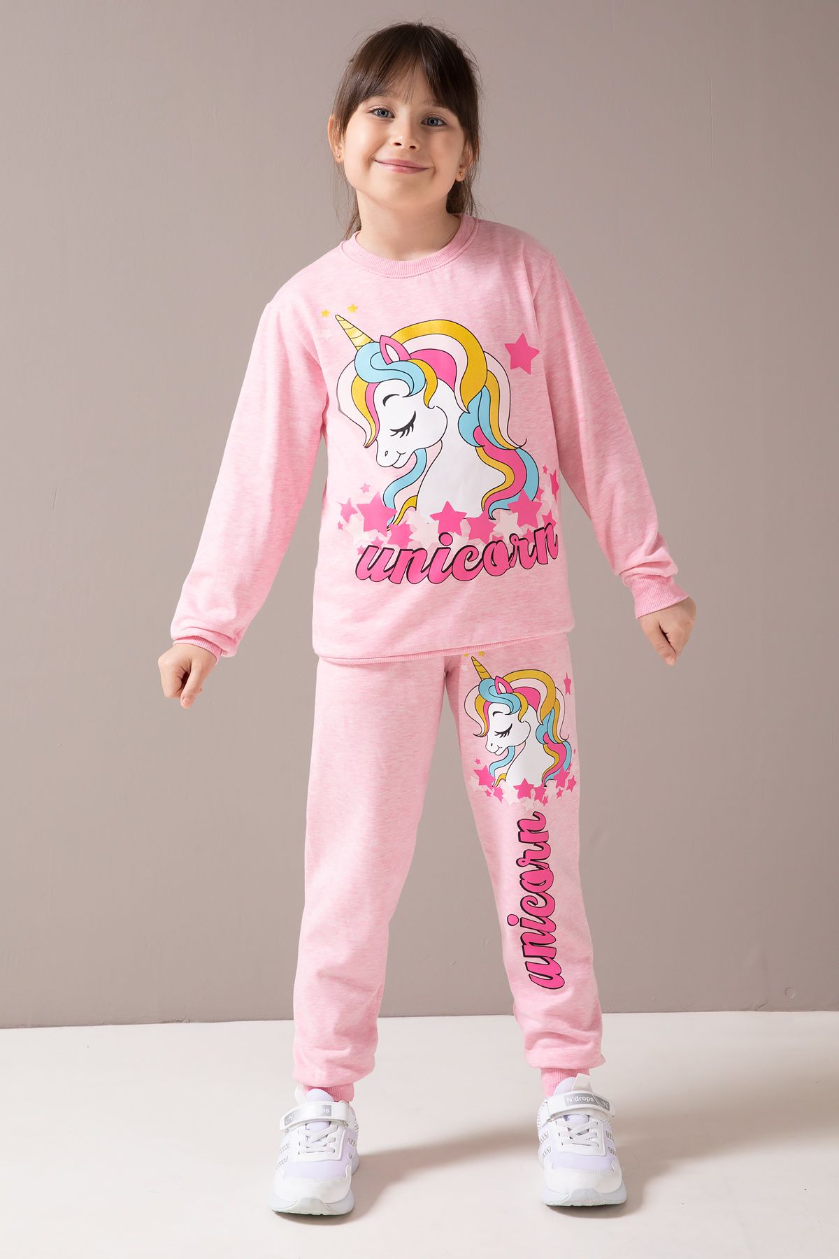 Cansın Mini-Pink Unicorn Printed Raised Girl's Tracksuit Set 19857 3