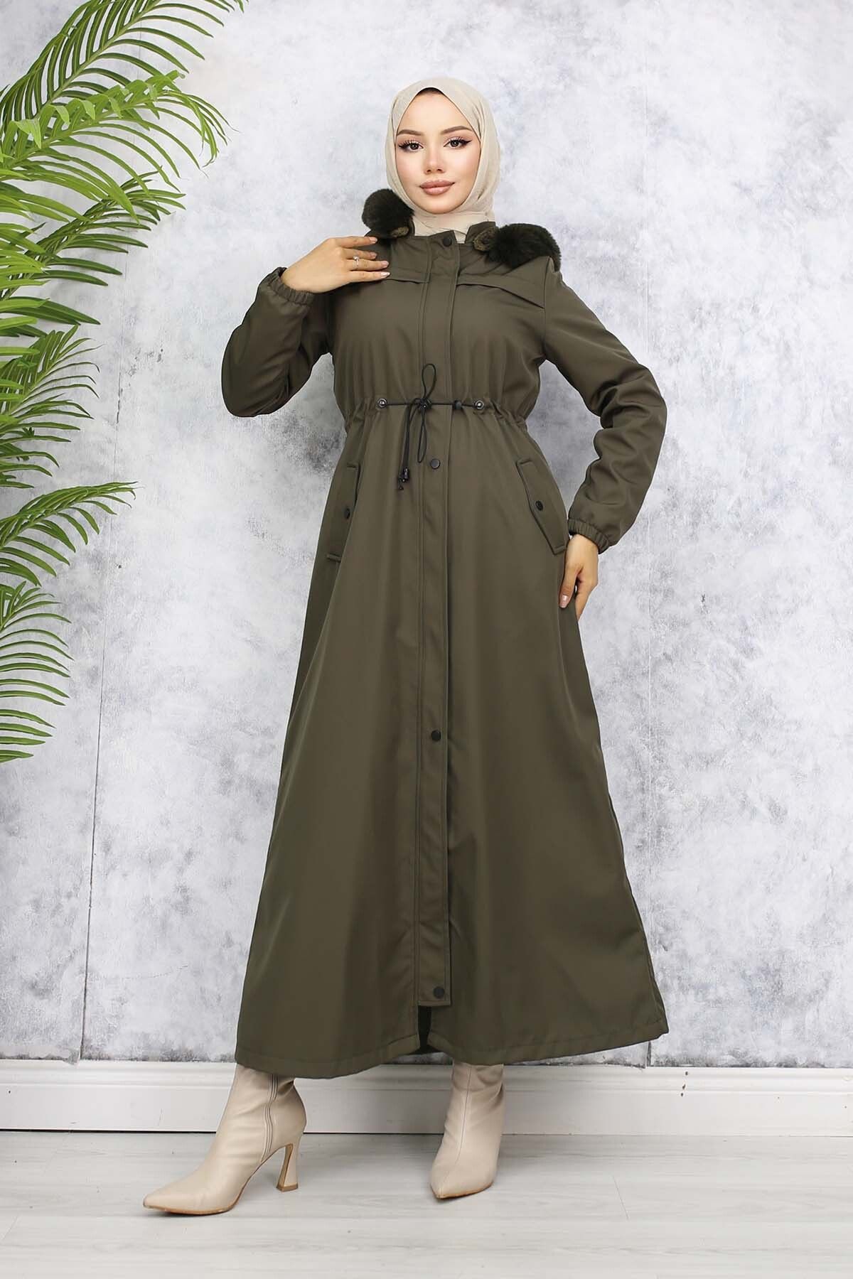 benguen-1051 Model - Khaki Color Long Bondit Coat with Plush Inside Surface and Fur Collar 4