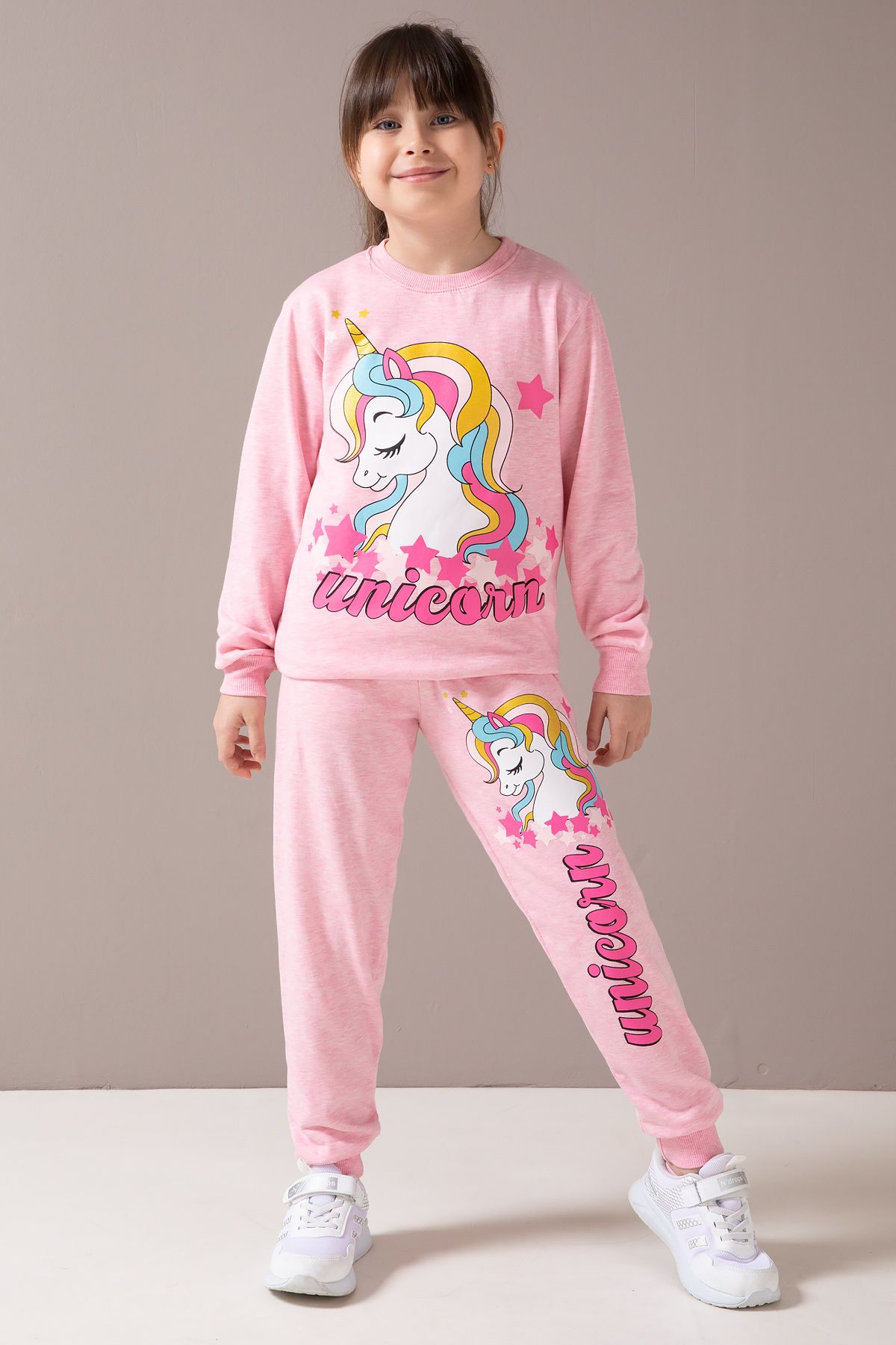 Cansın Mini-Pink Unicorn Printed Raised Girl's Tracksuit Set 19857 1