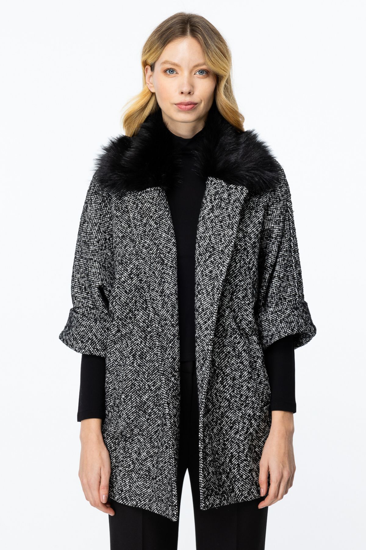 Mi Pret a Porter-Mi Sheepskin Collar Bat Sleeve Coat 2