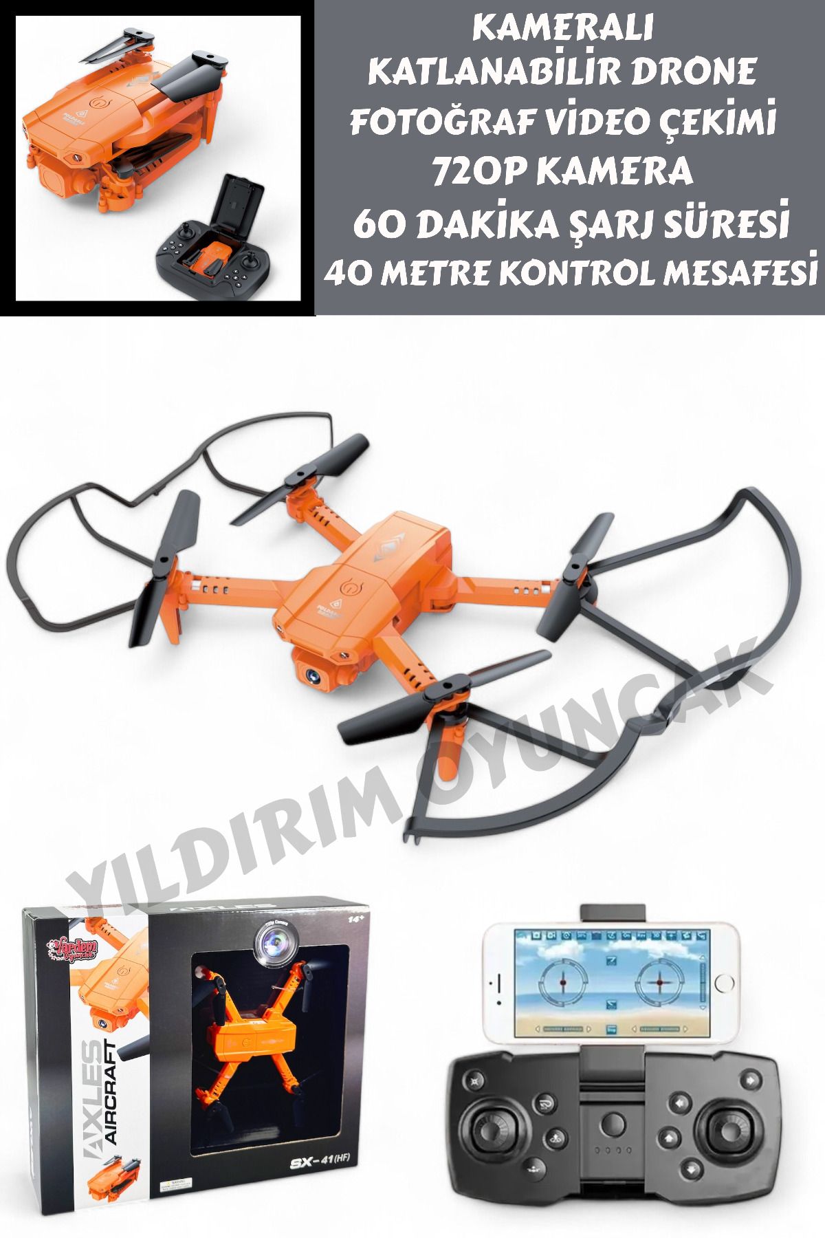 YILDIRIM OYUNCAK Uzaktan Kumandalı Full Fonksiyon Şarjlı 720P Kameralı Katlanabilir Drone 60 Dakika Şarj Süreli Drone