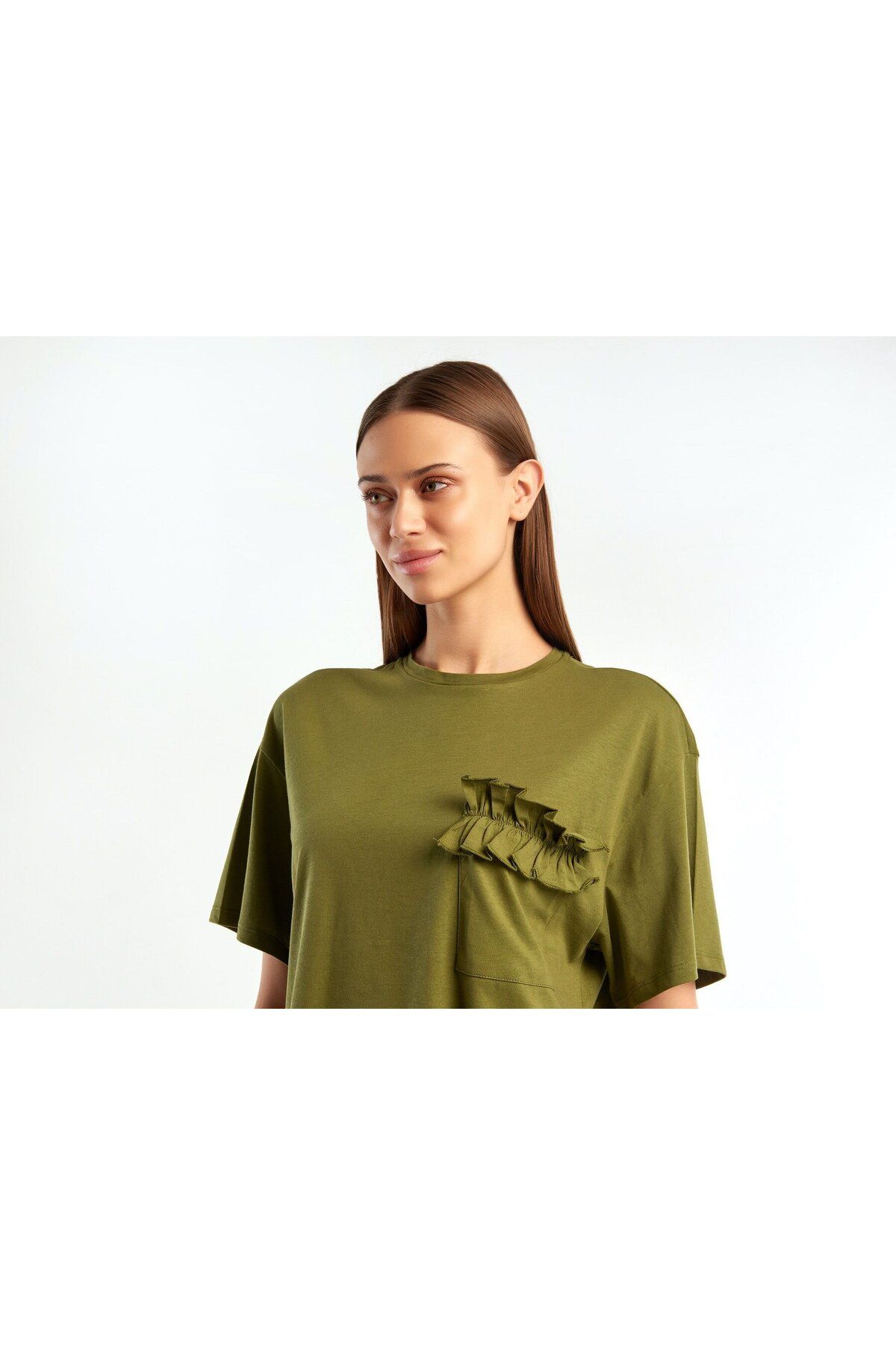 United Colors of Benetton-Tricou Koton cu volane verde olive pentru femei - 100% Koton 3