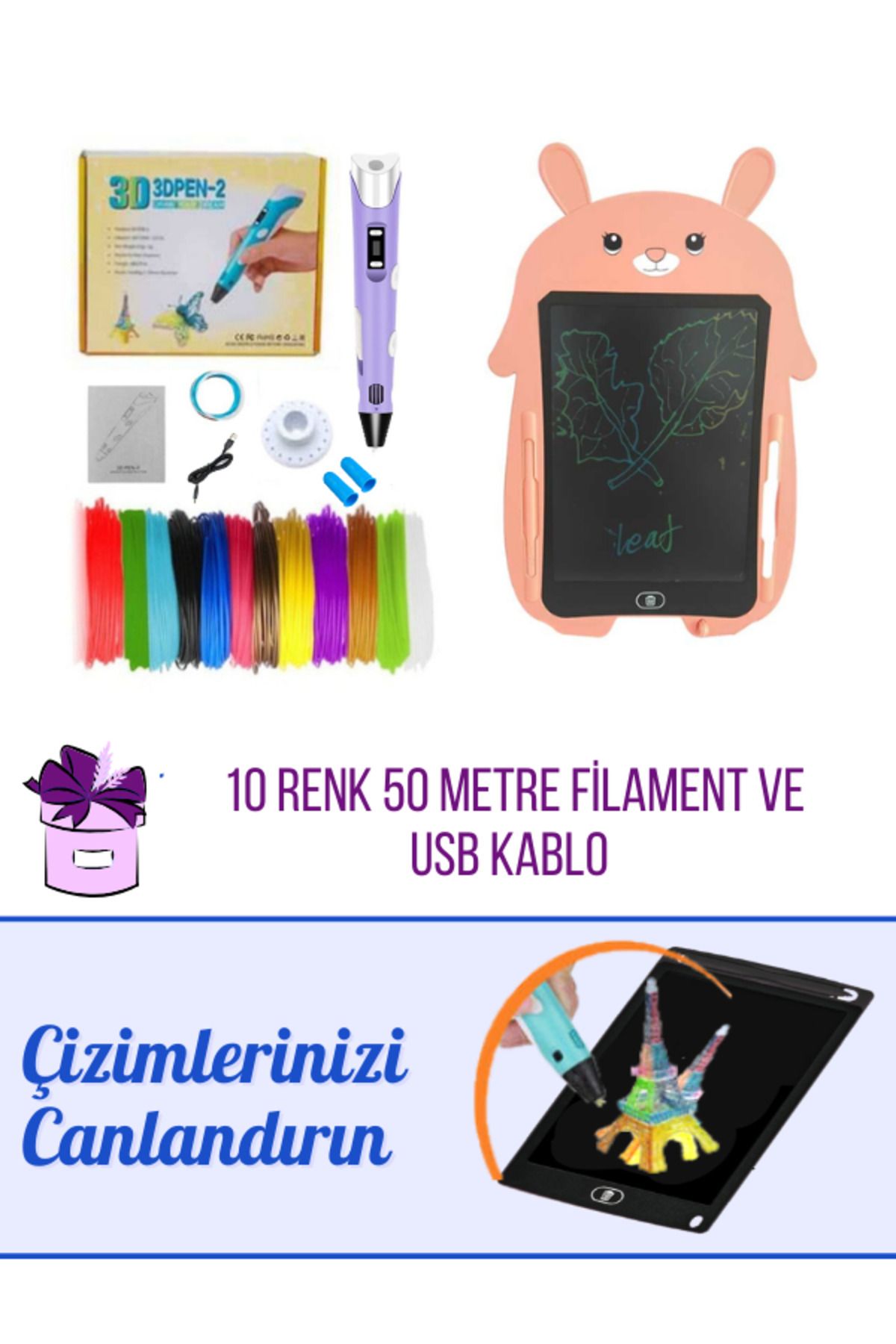 SolinpaTech 3d Pen Üç Boyutlu Yazıcı 3d Kalem Ve Grafik Yazı Tableti Mor (50 METRE FİLAMENT VE USB KABLO)