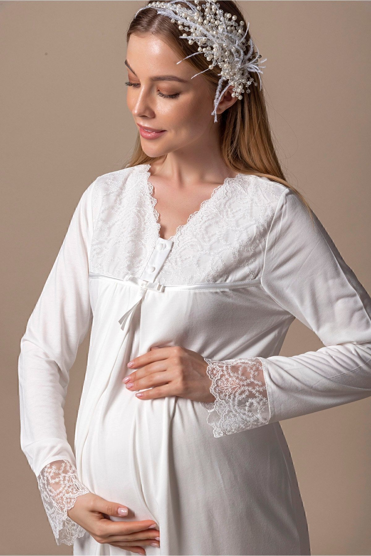 ByLohusa Effortt Ekru Sabahlıklı Hamile Lohusa Gecelik Takım fotoğrafı 6 (önizleme)