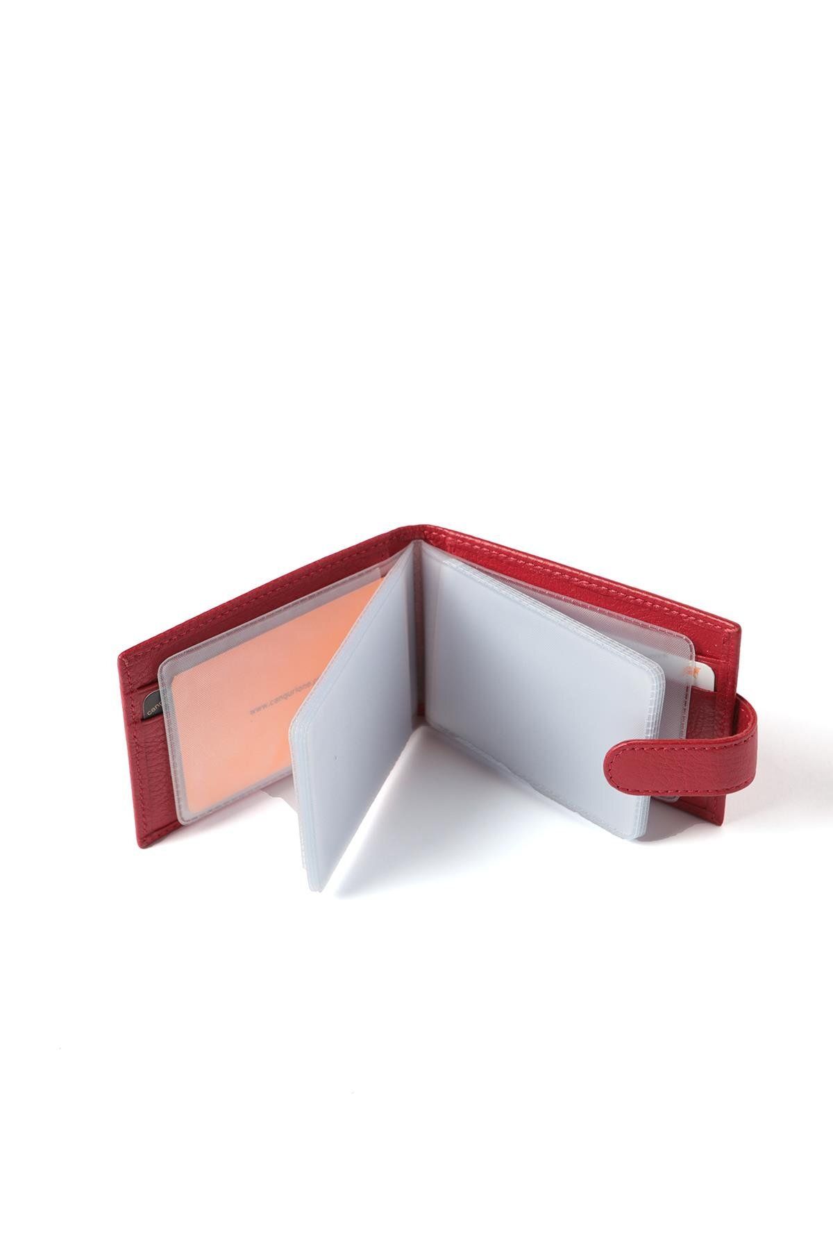 Cangurione-Genuine Leather Card Holder with Red Snap Closure and Fixed Inside and Removable Transparent Section 3