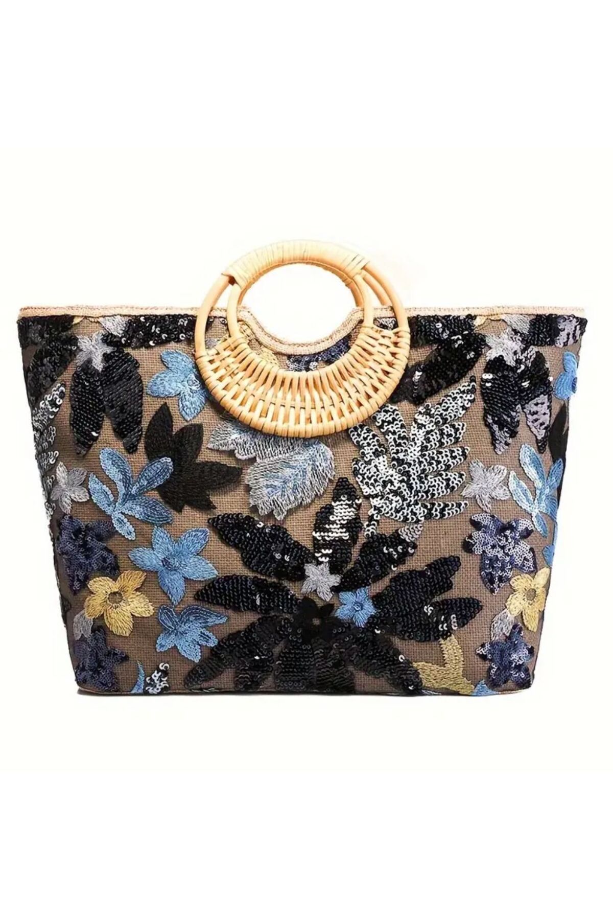 Miami Beach-Sequin Floral Patterned Jute Embroidered Bamboo Handle Zippered Beach & Travel Bag 3