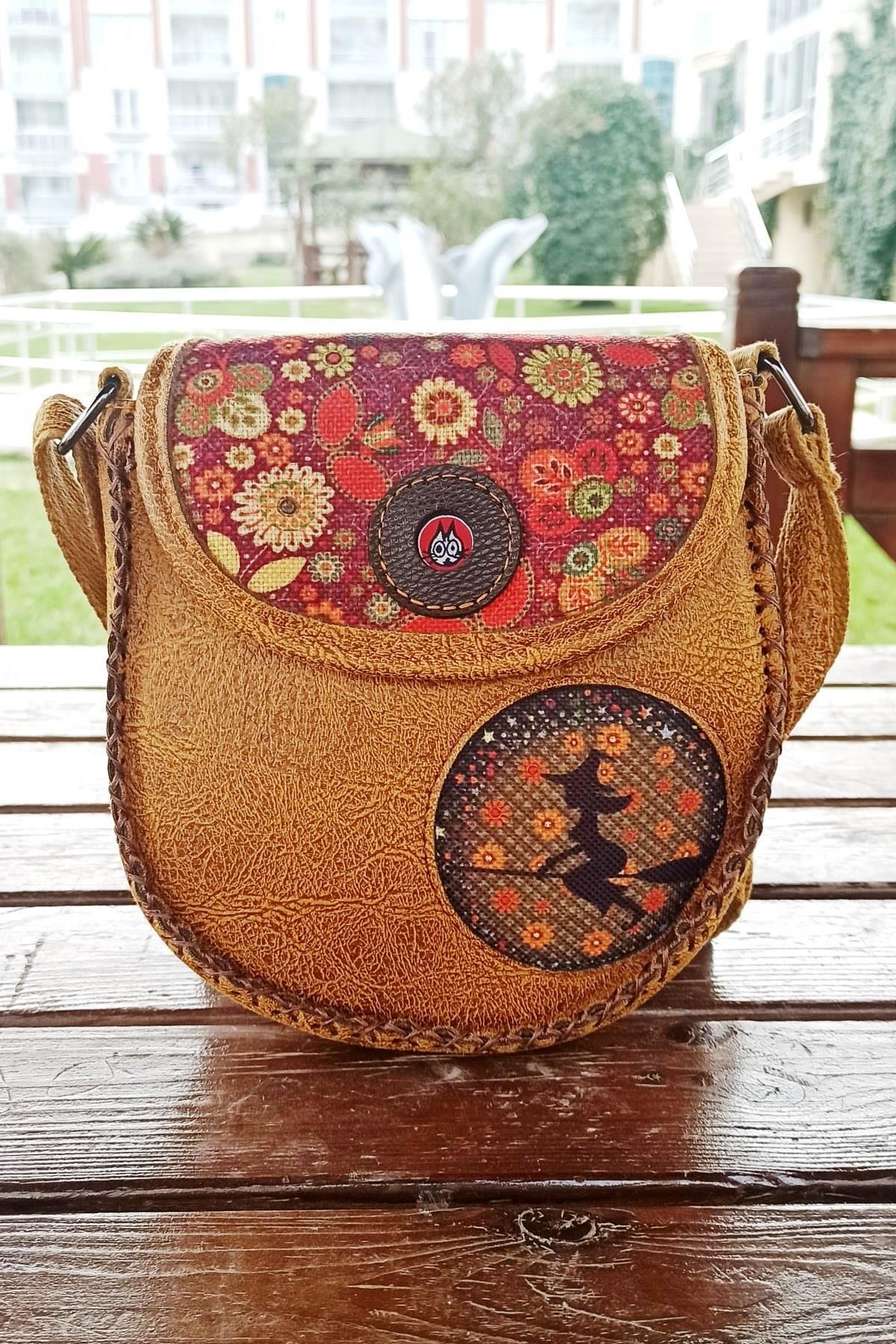 Fildişi Aksesuar-Mustard Colored Braided Women's Bag - Vegan Leather, Cute Witch Image, Cross 1