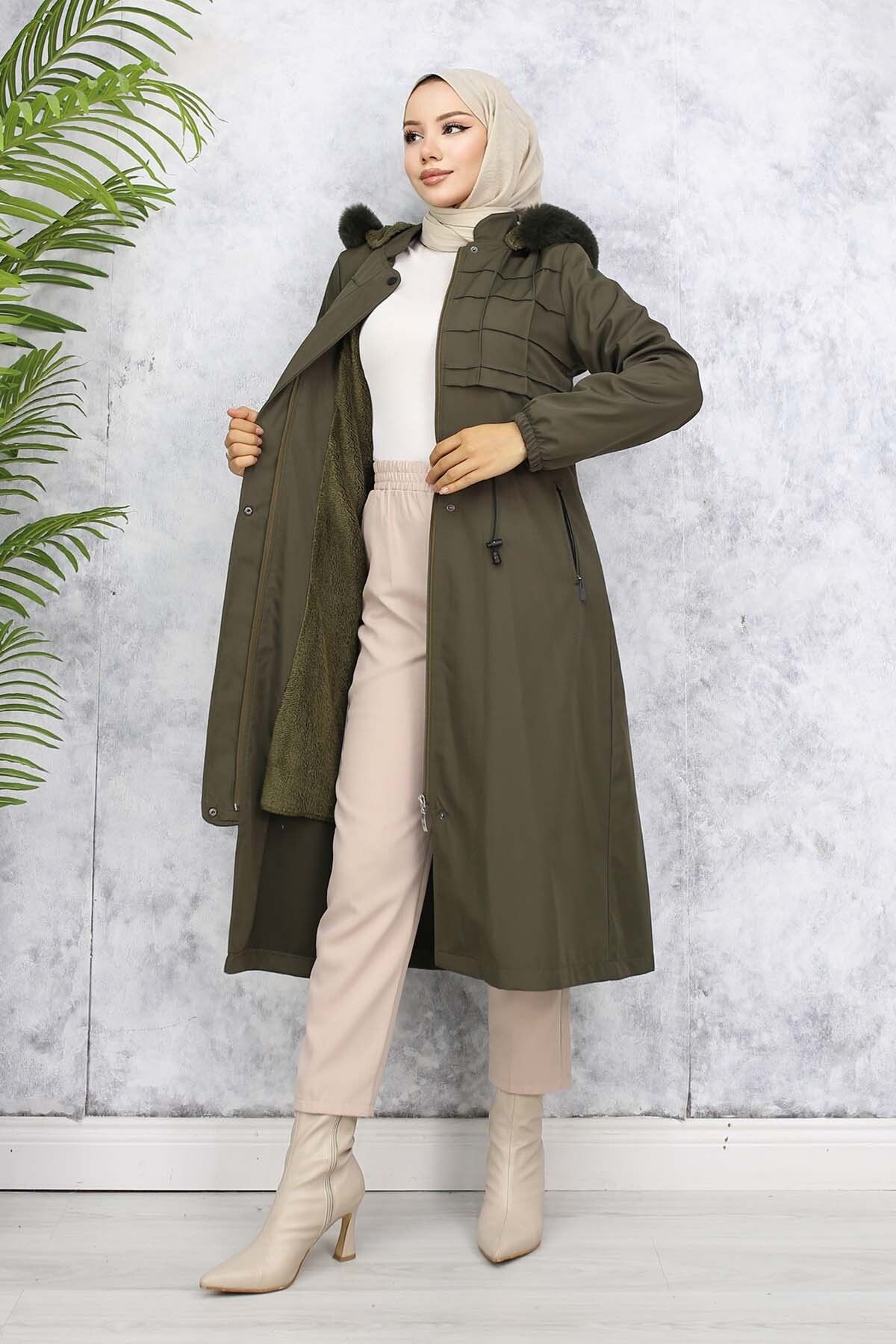 benguen-1101 Model Khaki Bondit Coat with Plush Inside and Fur Collar 4