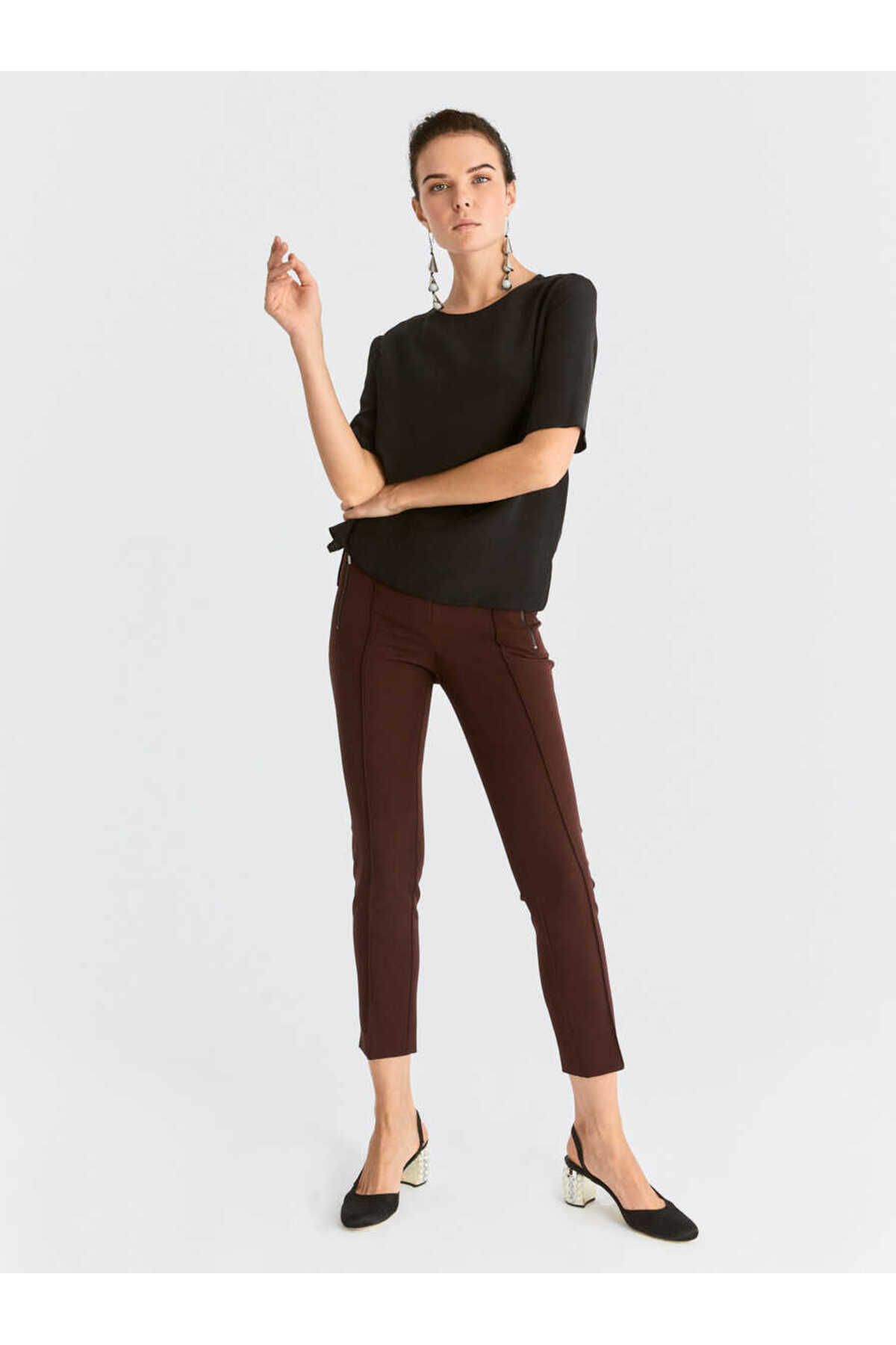 Roman-Pocket Detailed Line Patterned Women's Trousers Claret Red 1