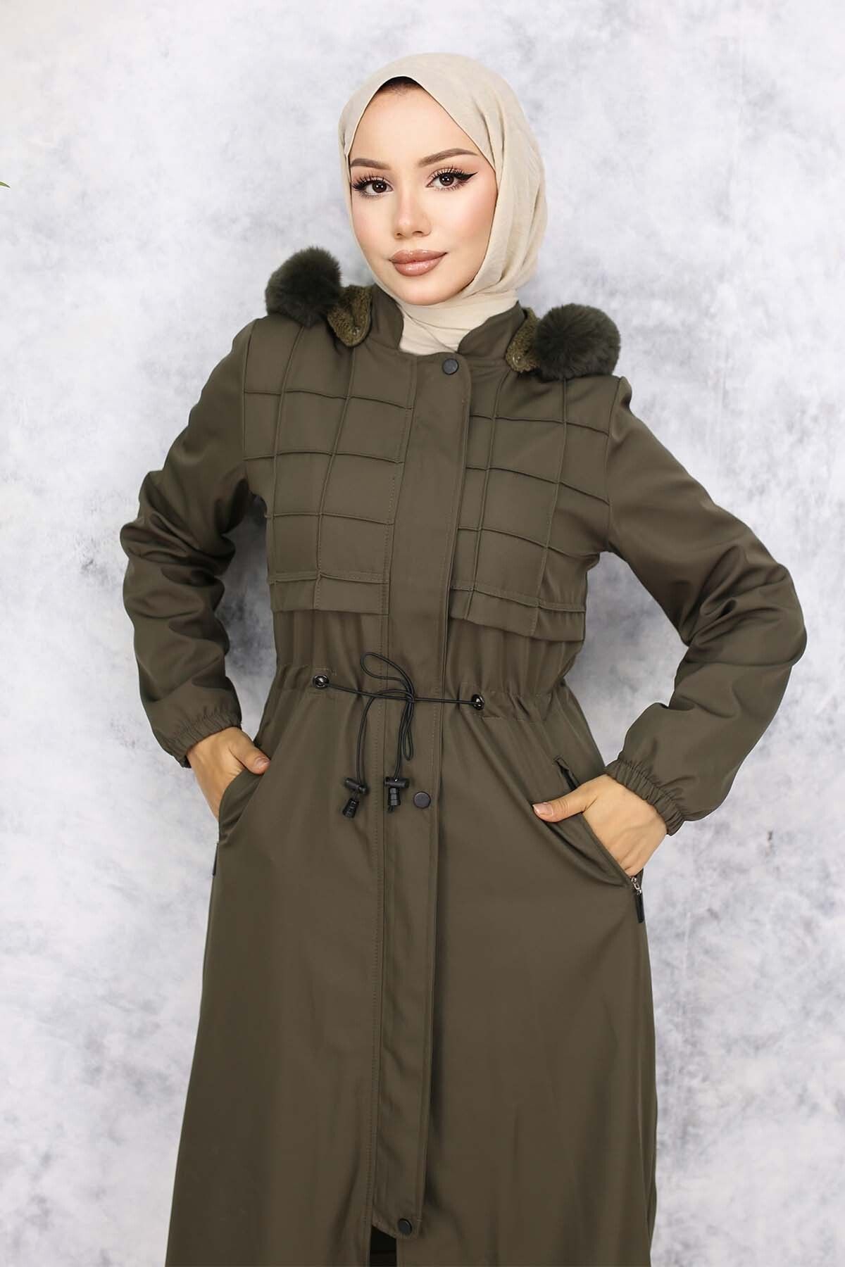 benguen-1101 Model Khaki Bondit Coat with Plush Inside and Fur Collar 2