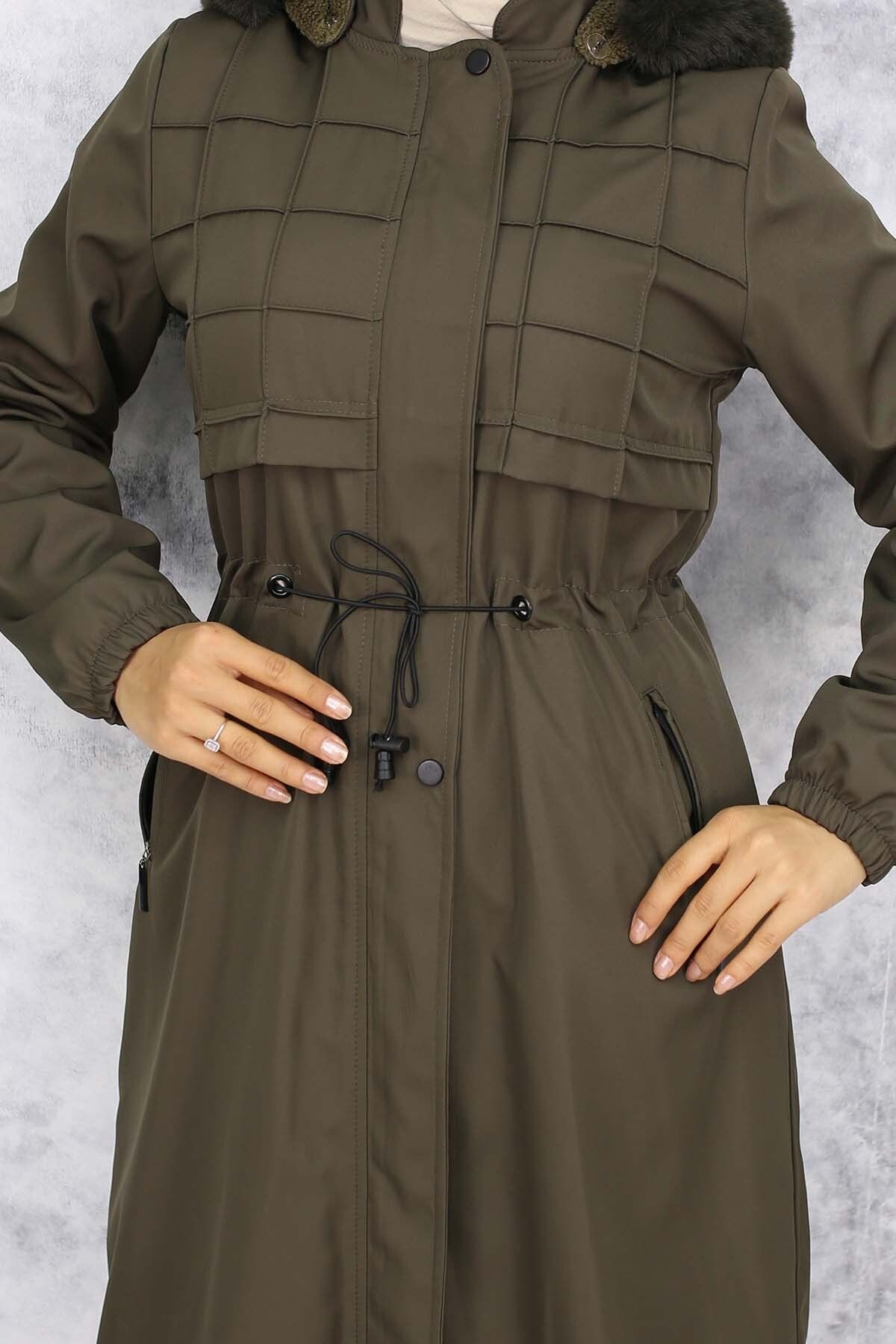 benguen-1101 Model Khaki Bondit Coat with Plush Inside and Fur Collar 3