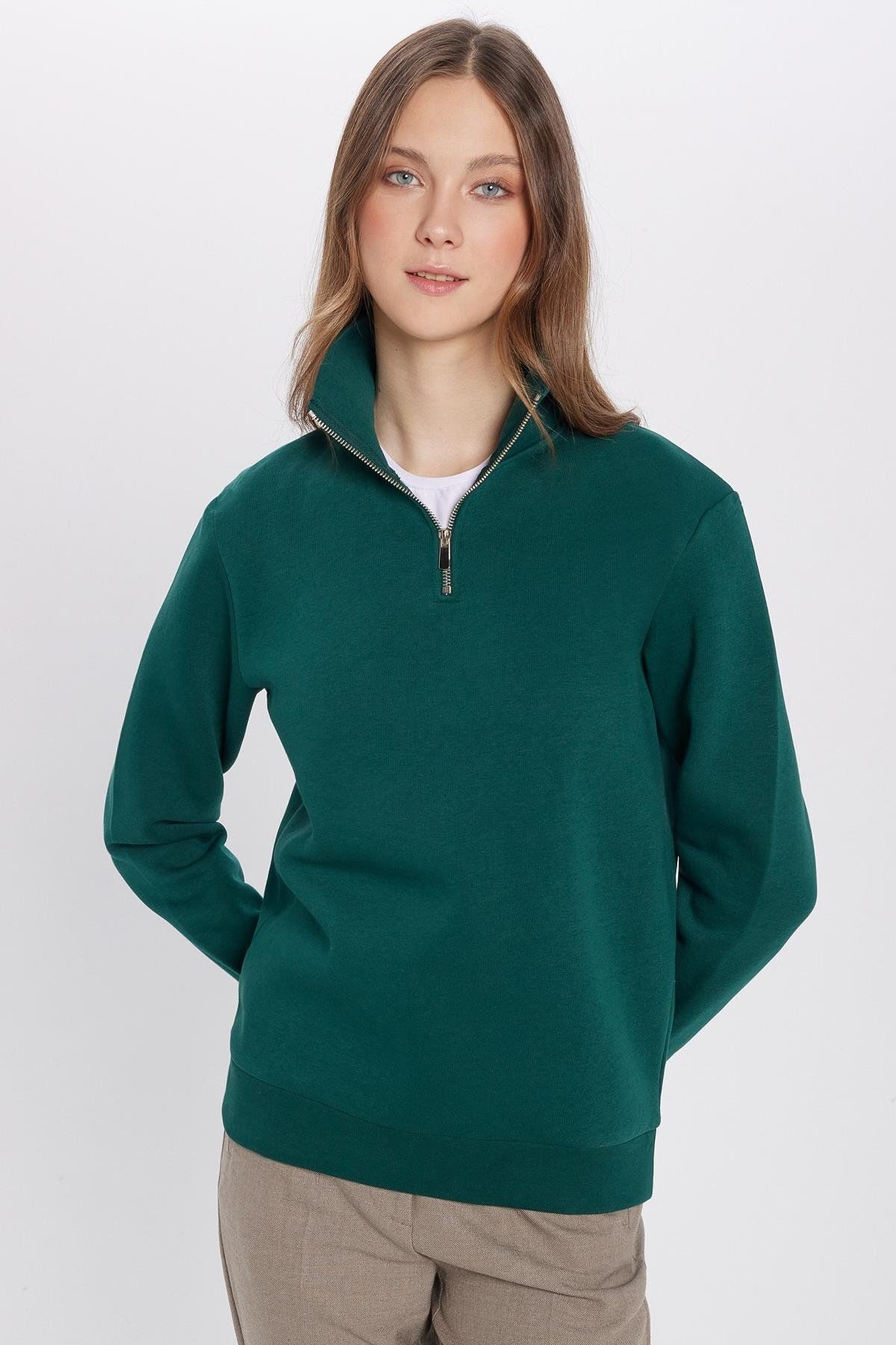 Tudors-Unisex mikina Relax Fit Pohodlný střih Bavlna Fleece Uvnitř Poloviční zip Khaki Stojáček s límečkem 4