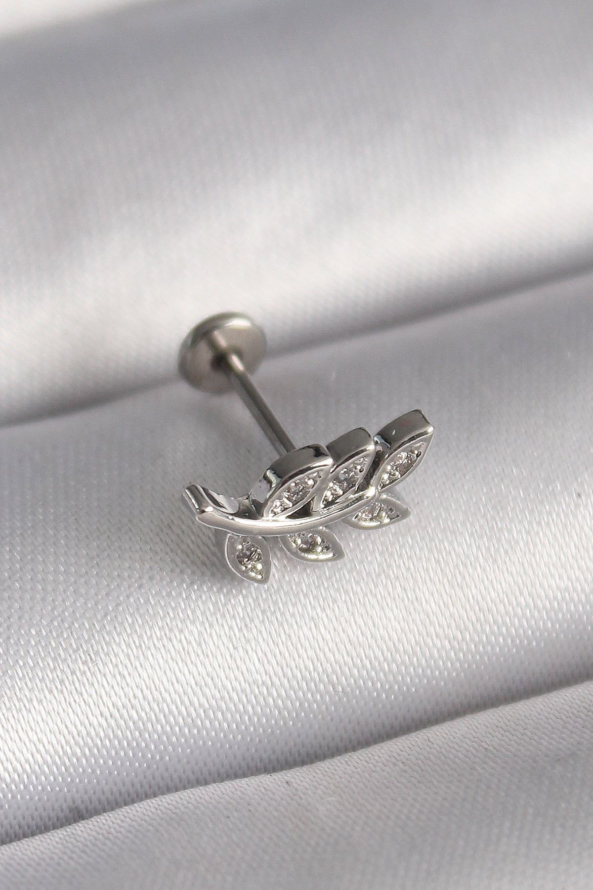 Maristas Çelik Gümüş Renk Dal Model Zirkon Taş Detaylı Tragus Piercing