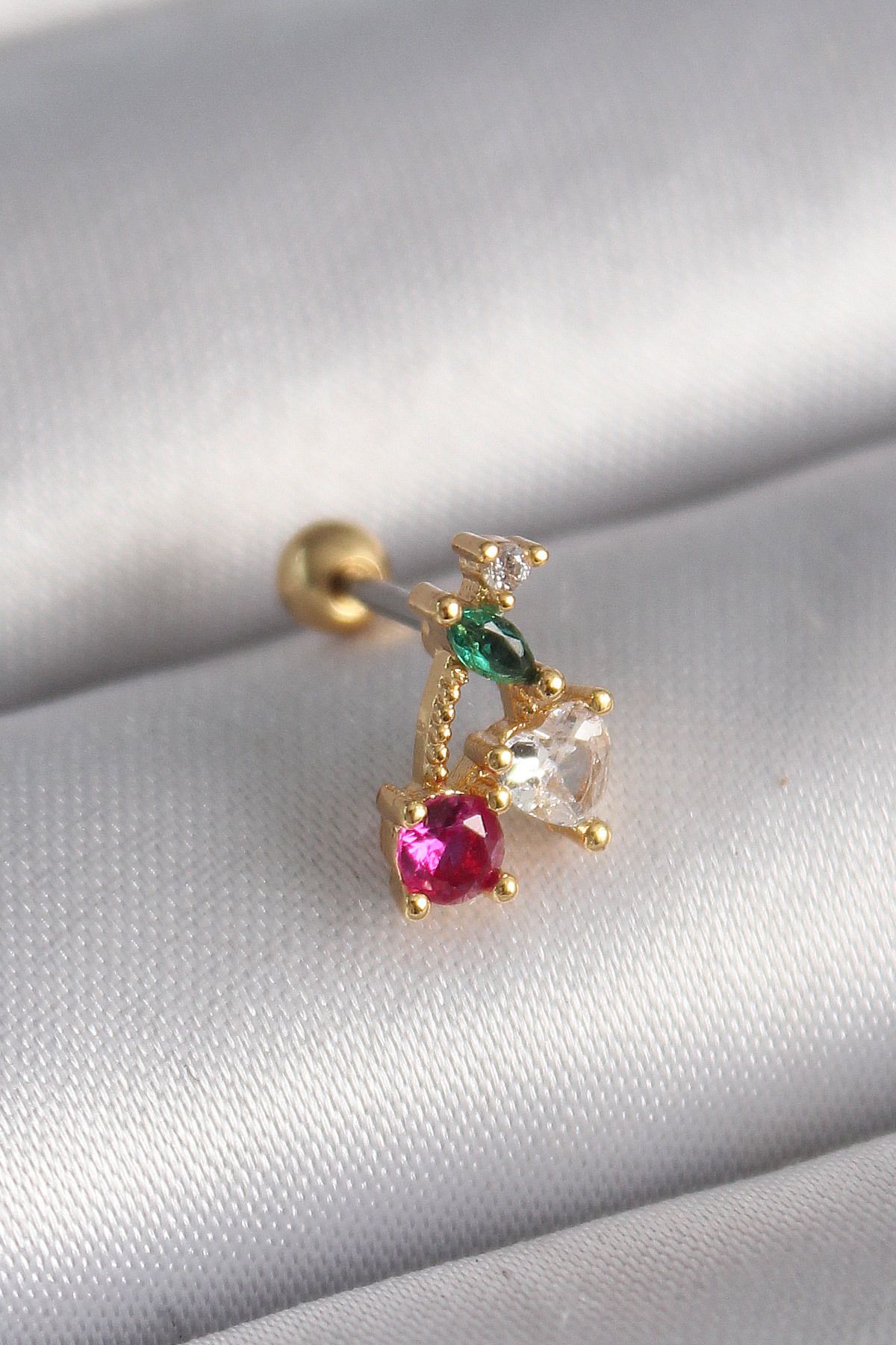 MAYAS 316L Çelik Gold Renk Zirkon Taşlı Kiraz Tragus Piercing