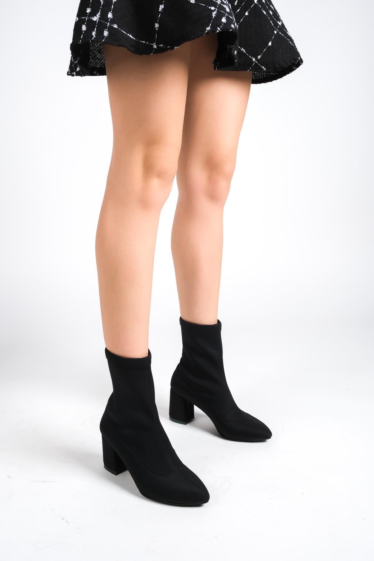 ALPELLİ-Cizme cu toc elastic din țesătură elastică cu vârf negru pentru femei 1