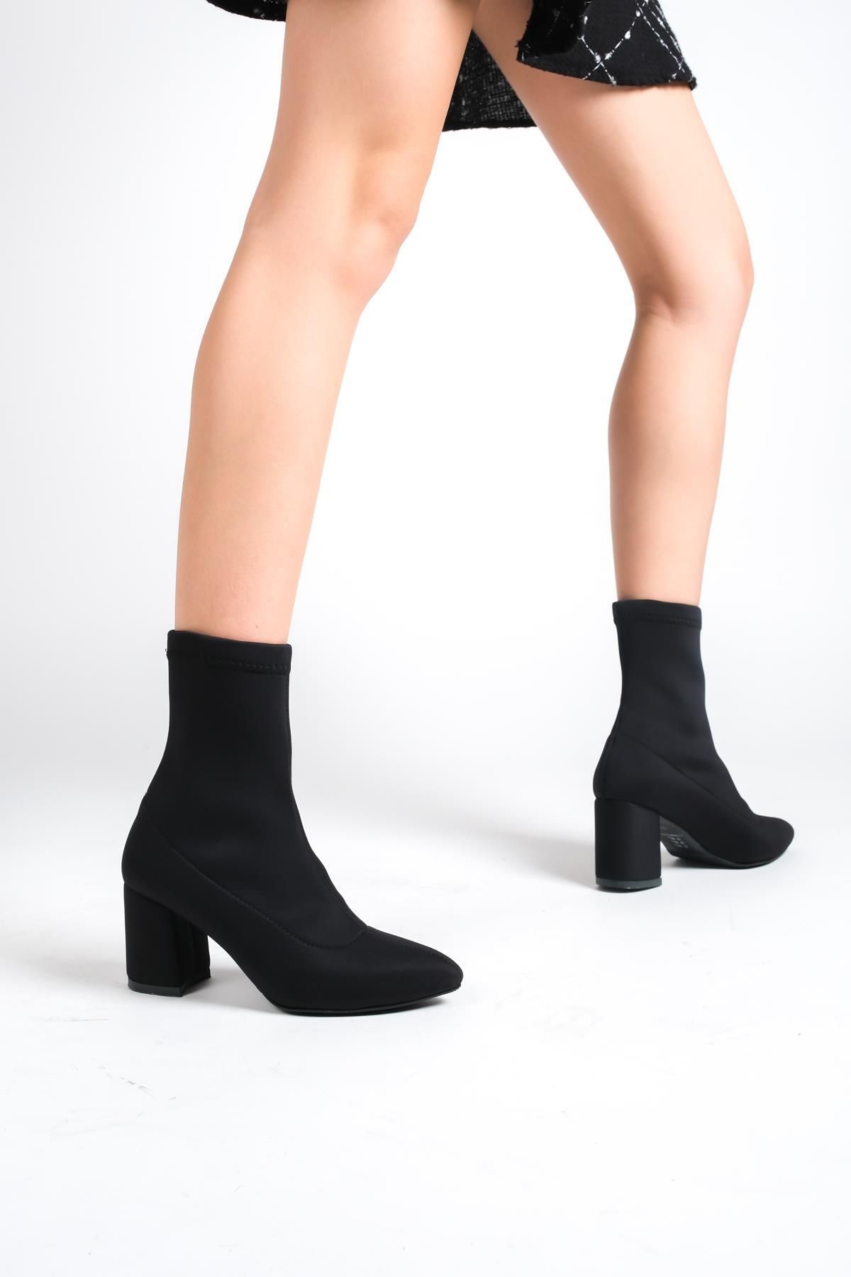 ALPELLİ-Cizme cu toc elastic din țesătură elastică cu vârf negru pentru femei 4