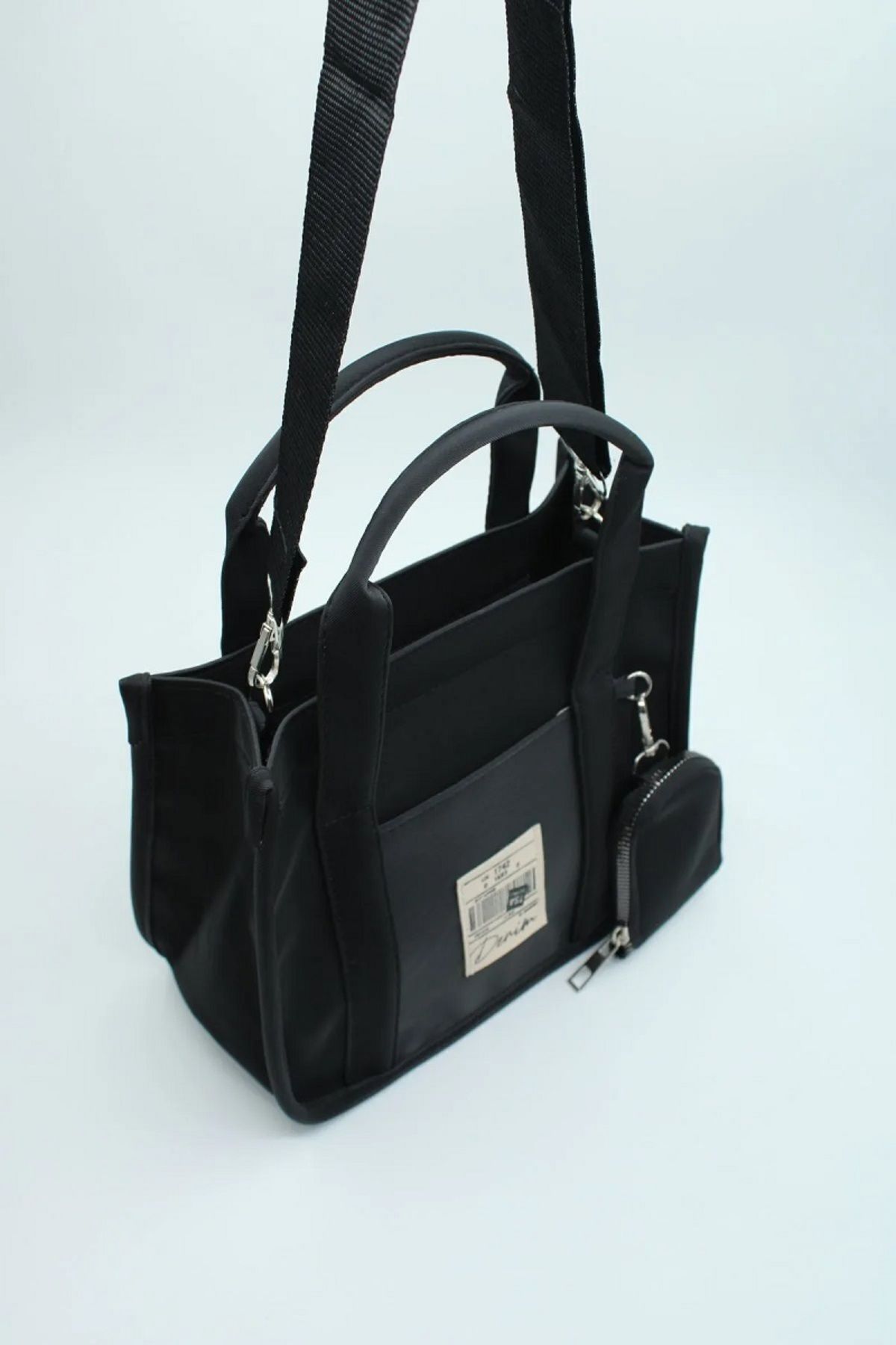 İNCİ AKSESUAR-Black Organic Canvas Fabric Hand and Shoulder Bag 2