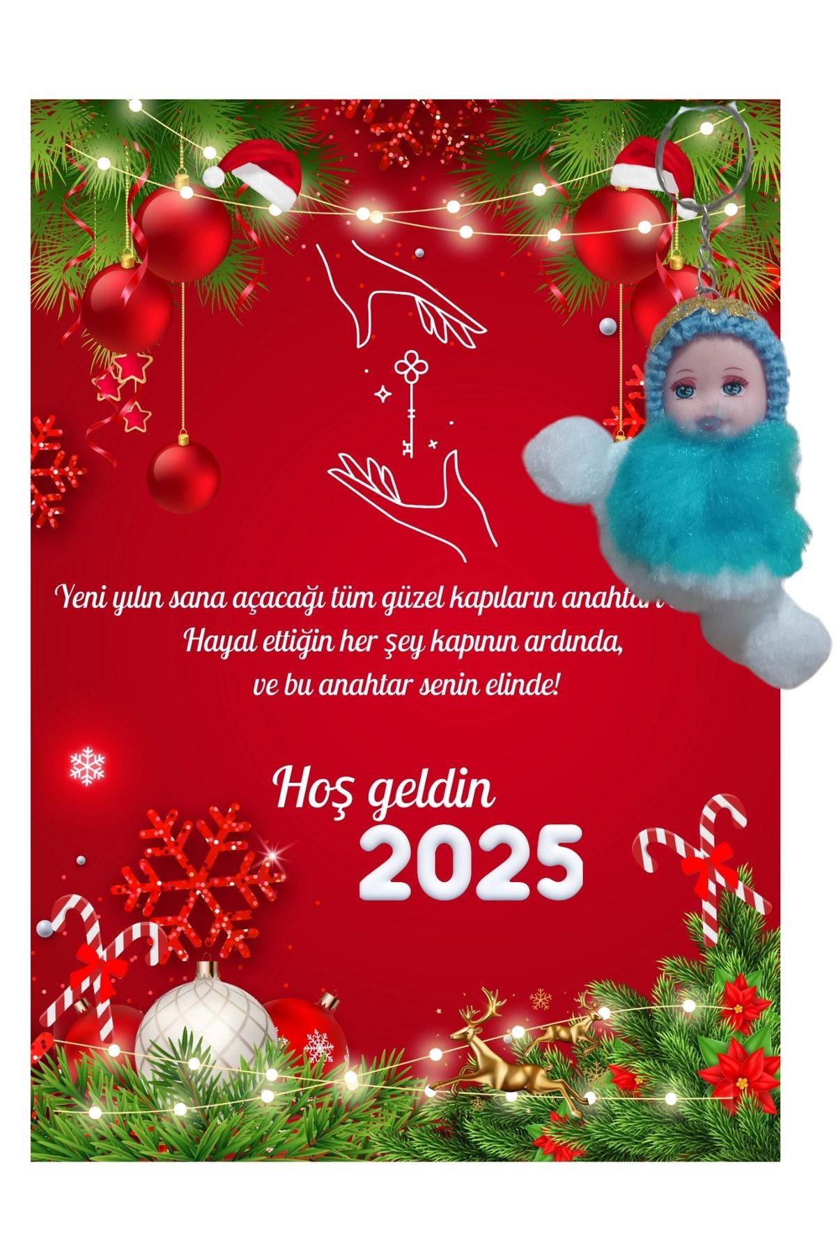 P Parla Yeni Yıl Geyik Kart Üzerinde Anahtarlık (Kişiye Özel Yazı Yazdırılabilir) Peluş Bebek 5 adet