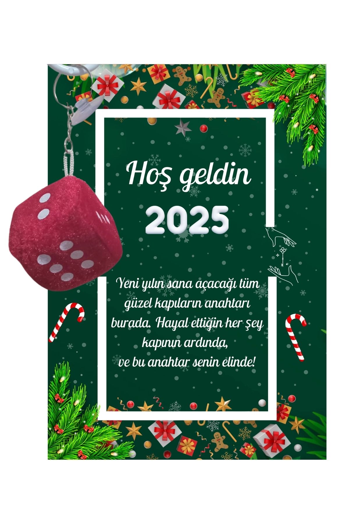 P Parla Yeni Yıl Kart Üzerinde Anahtarlık (Kişiye Özel Yazı Yazdırılabilir) Zar Model