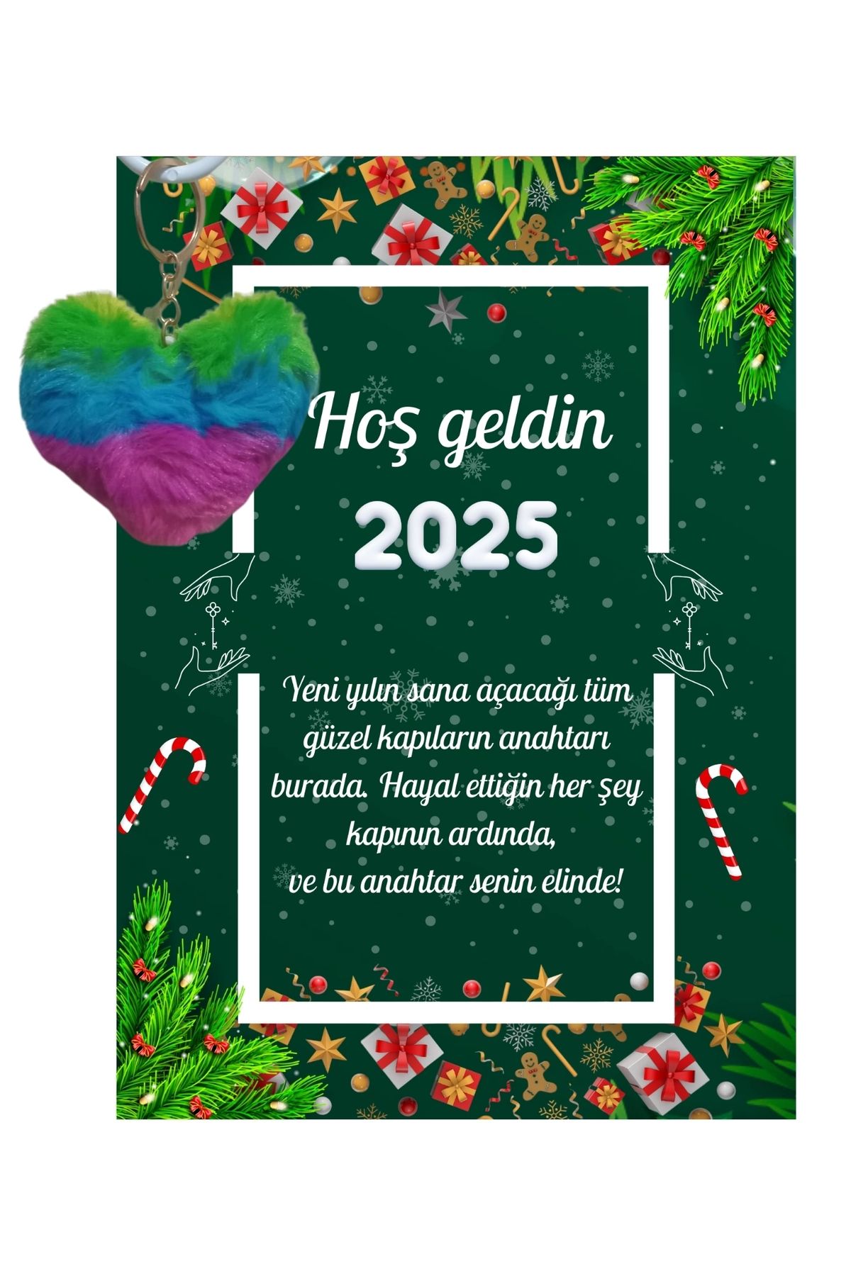 P Parla Yeni Yıl Kart Üzerinde Anahtarlık (Kişiye Özel Yazı Yazdırılabilir) Renkli Kalp 5 Adet