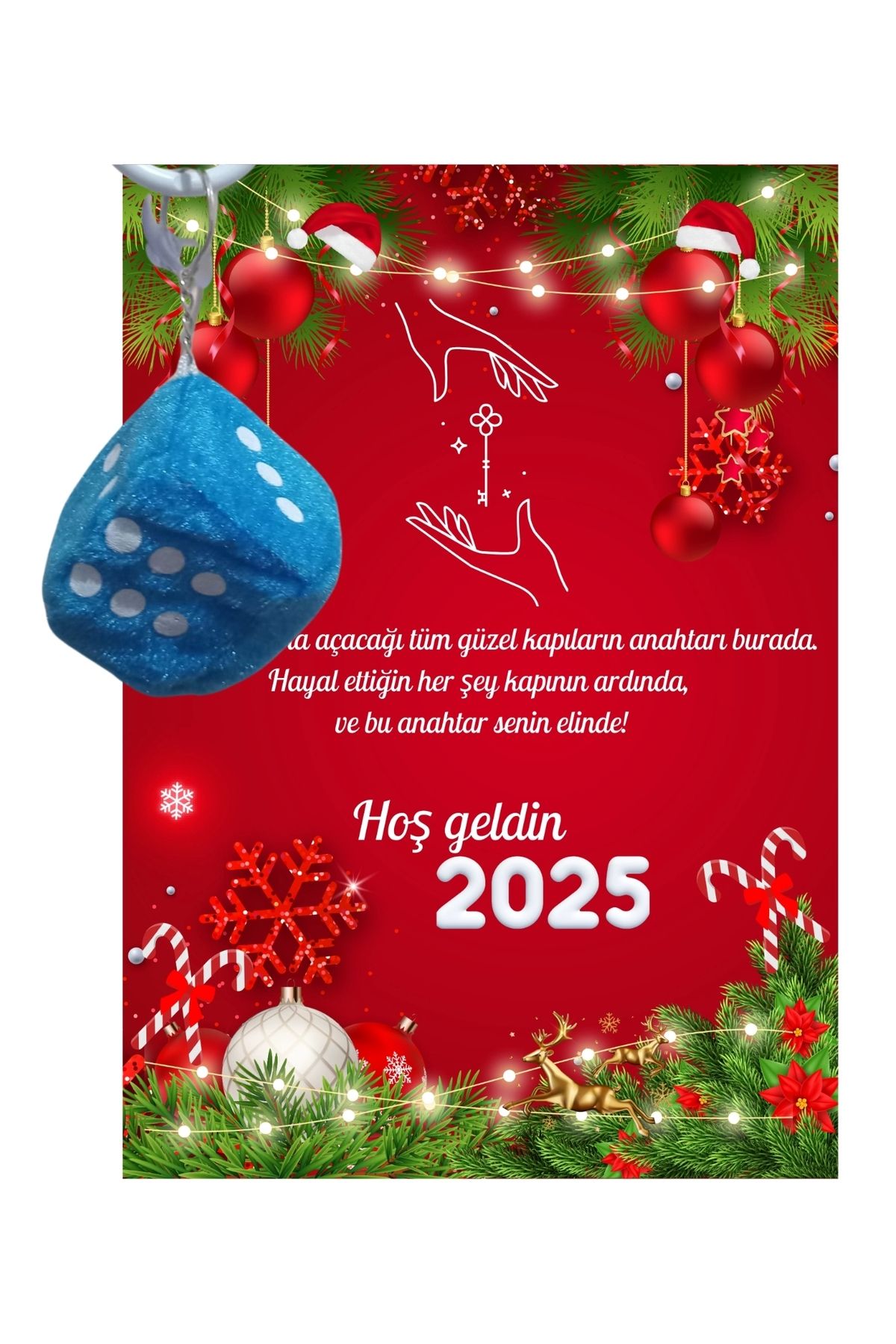 P Parla Yeni Yıl Geyik Kart Üzerinde Anahtarlık (Kişiye Özel Yazı Yazdırılabilir) Zar Model
