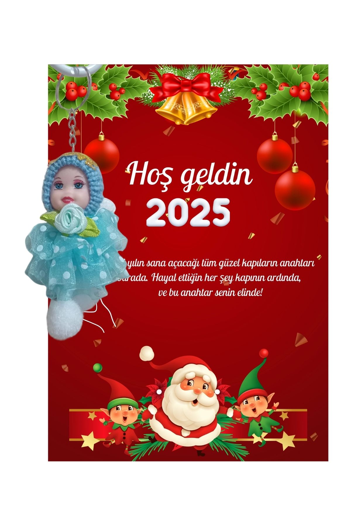 P Parla Yeni Yıl Noel Baba Kart Üzerinde Anahtarlık (Kişiye Özel Yazı Yazdırılabilir) Tütü Bebek