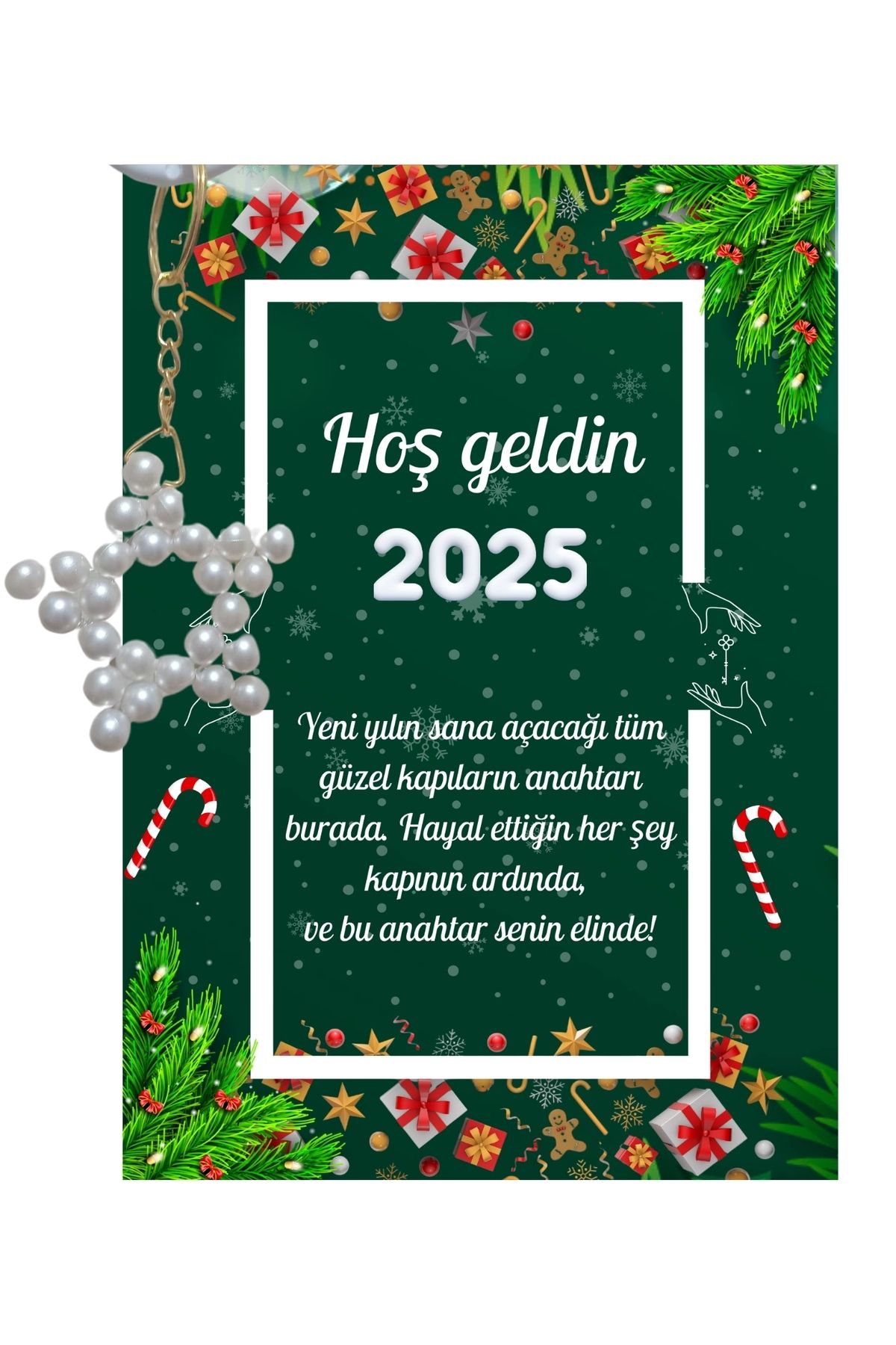 P Parla Yeni Yıl Kart Üzerinde Anahtarlık (Kişiye Özel Yazı Yazdırılabilir) Yıldız Model