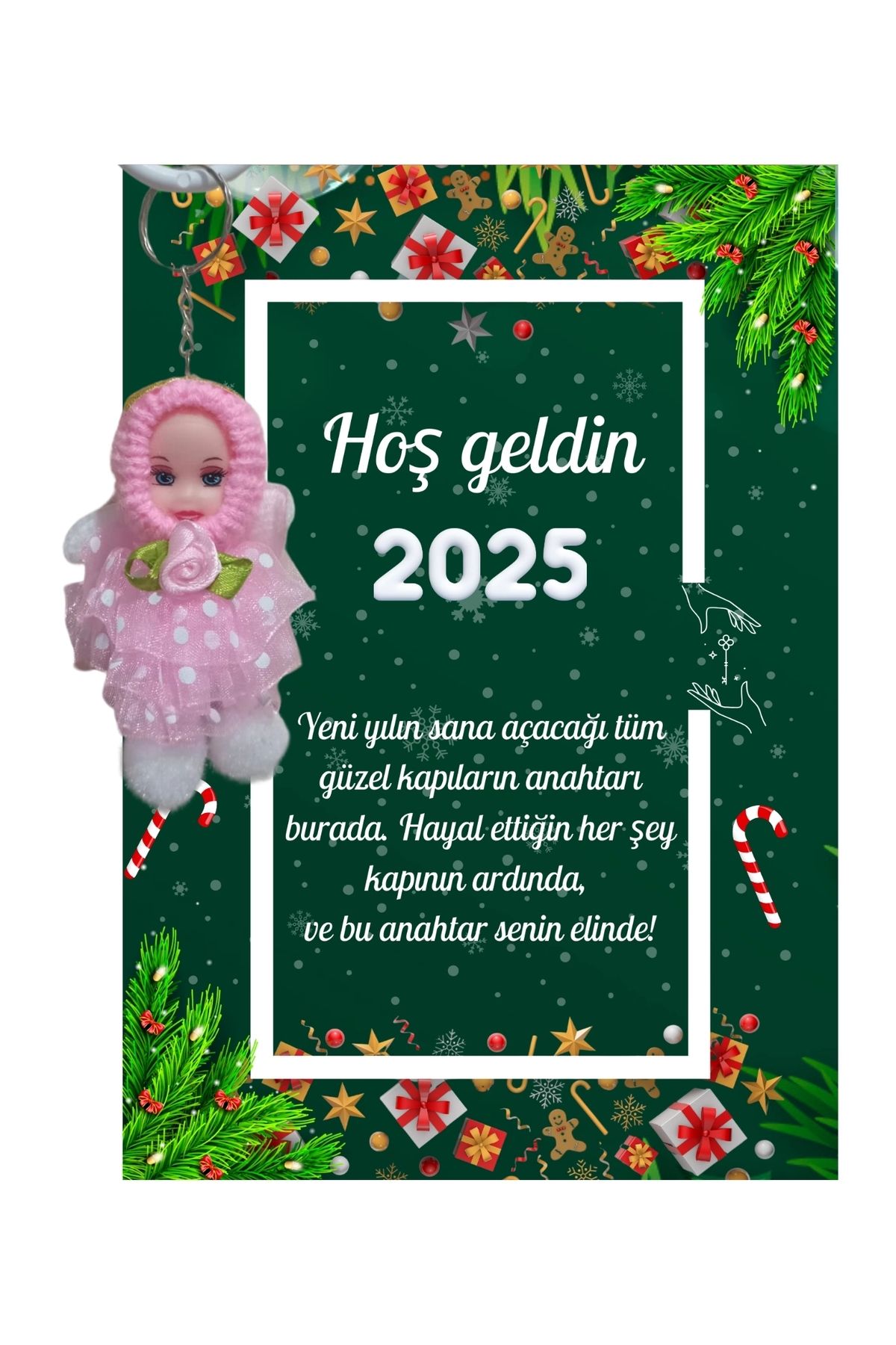 P Parla Yeni Yıl Kart Üzerinde Anahtarlık (Kişiye Özel Yazı Yazdırılabilir) Tütü Bebek