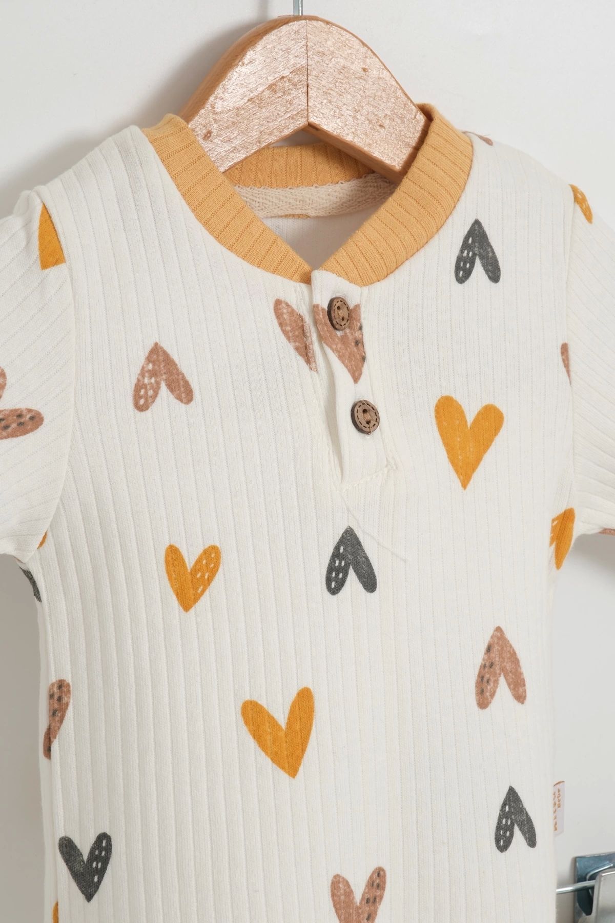 LOGO AKSESUAR-Yellow 100% Cotton Heart Patterned Double Set for Kids - Baby 2