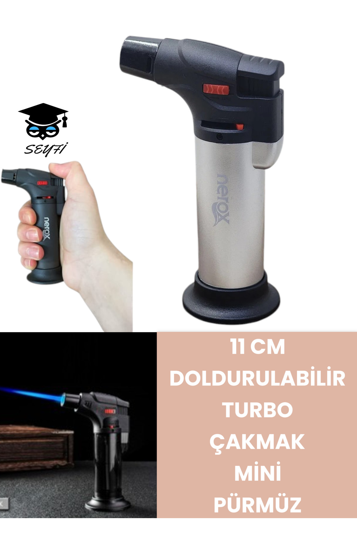SEYFİKİRTASİYE 11 CM DOLDURULABİLİR TURBO ÇAKMAK MİNİ PÜRMÜZ