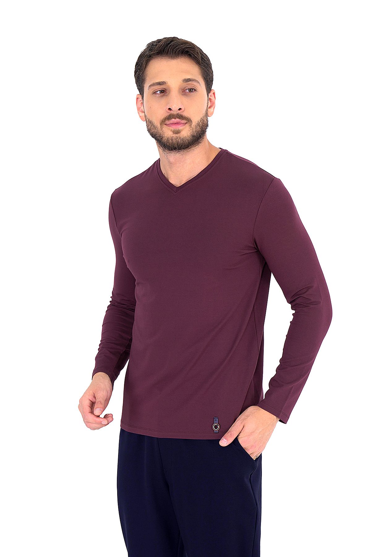 ست پیژامه مردانه DS داماد پنبه MODAL V NECK PAJAMA SET BURGUNDY Damat