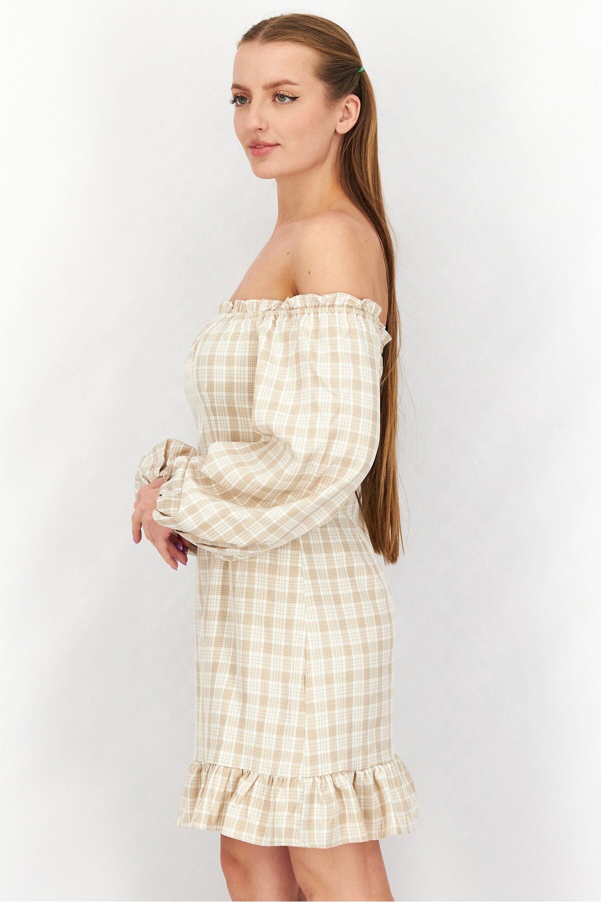 NA-KD-Women Checked Off Shoulder Mini Dress, Beige/White 2