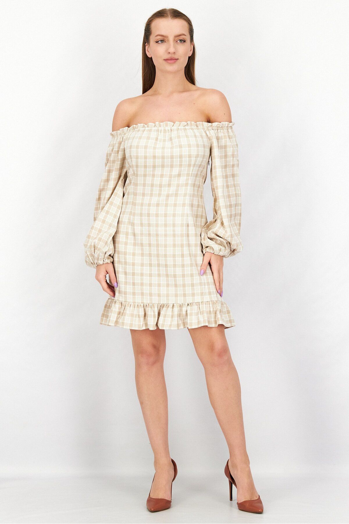 NA-KD-Women Checked Off Shoulder Mini Dress, Beige/White 4