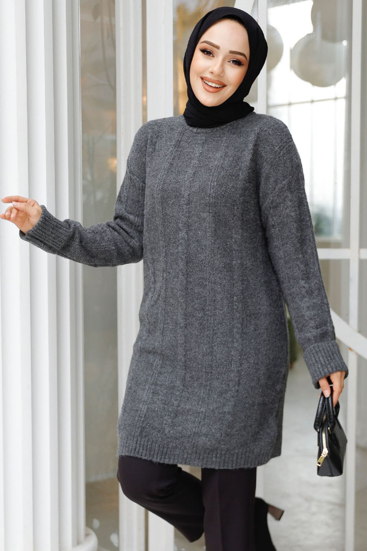 Neva Style-Smoked Knit Patterned Hijab Tunic Sweater - 20051Fu 2