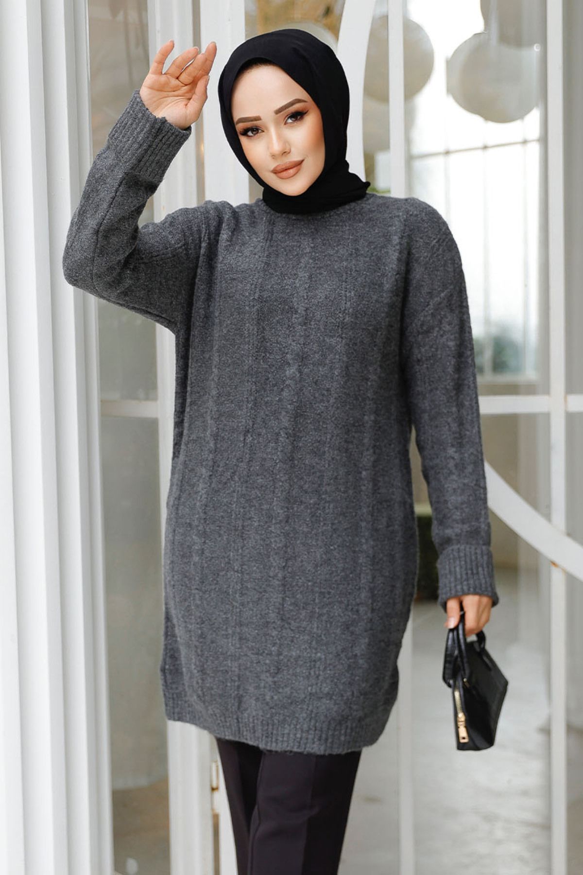 Neva Style-Smoked Knit Patterned Hijab Tunic Sweater - 20051Fu 1