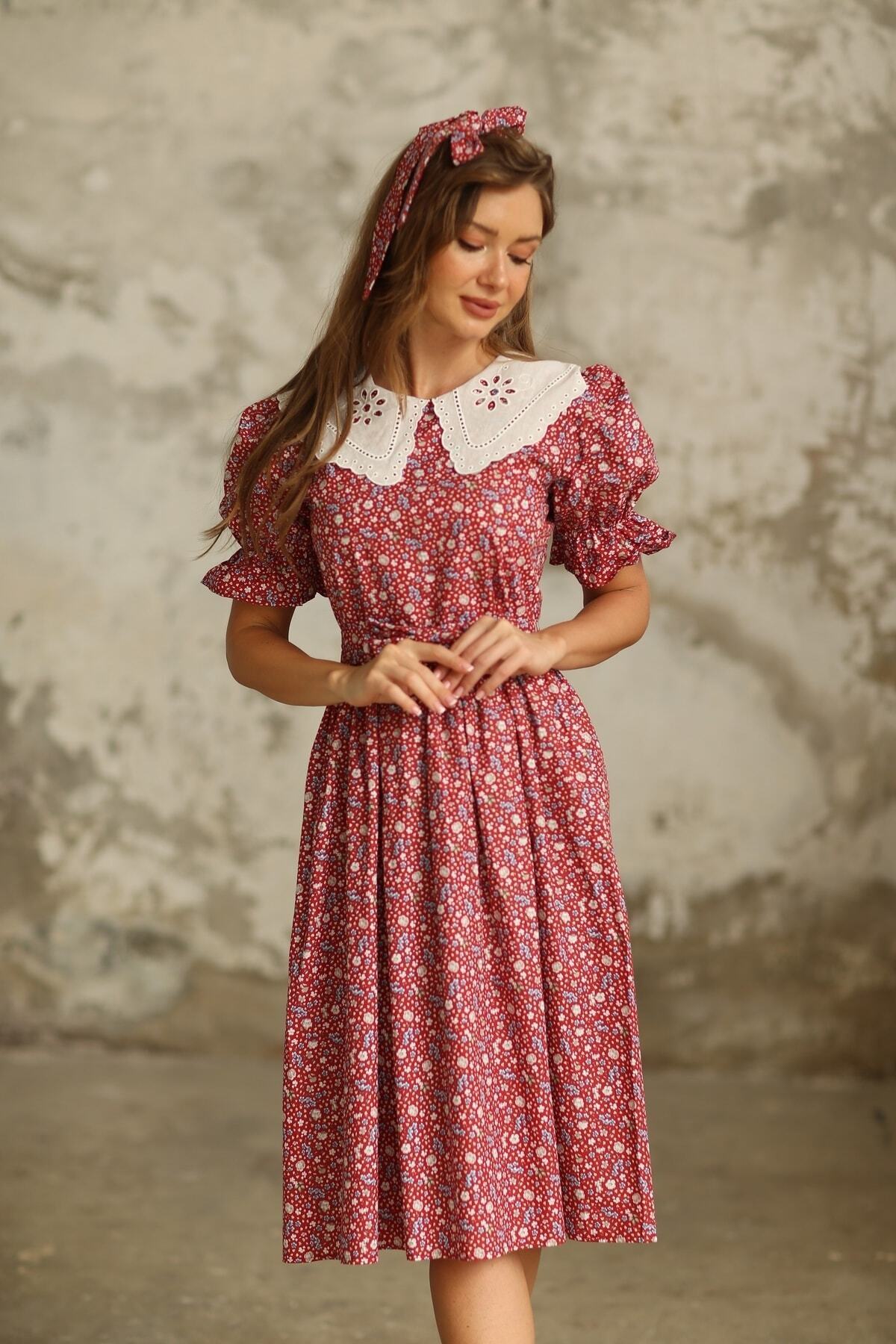 KÜÇÜĞÜM BUTİK  Vintage Fisto Yakalı Bordo Çiçekli Poplin Elbise - Görsel 3