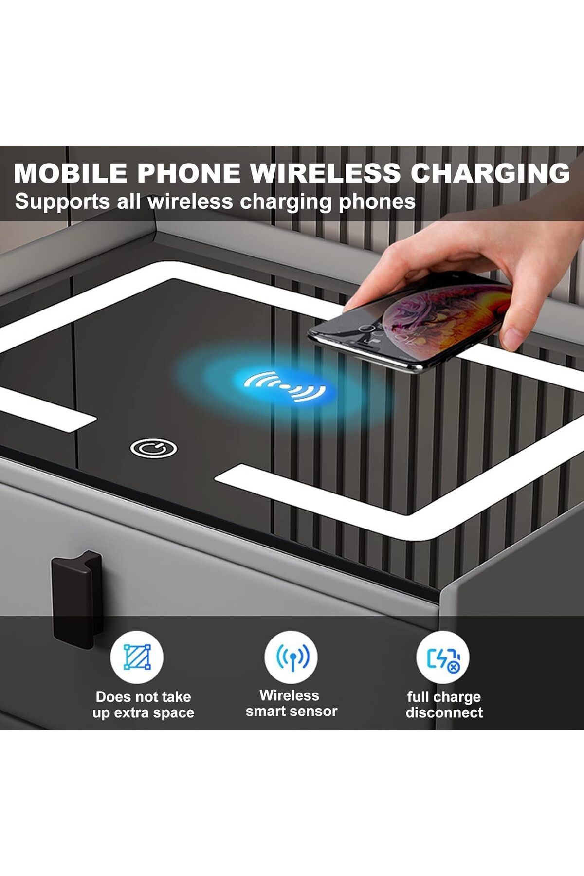 DubaiGallery-Smart Bedside Table with Wireless Charging Station, Speaker Fingerprint Lock, & Drawer Modern Table 3