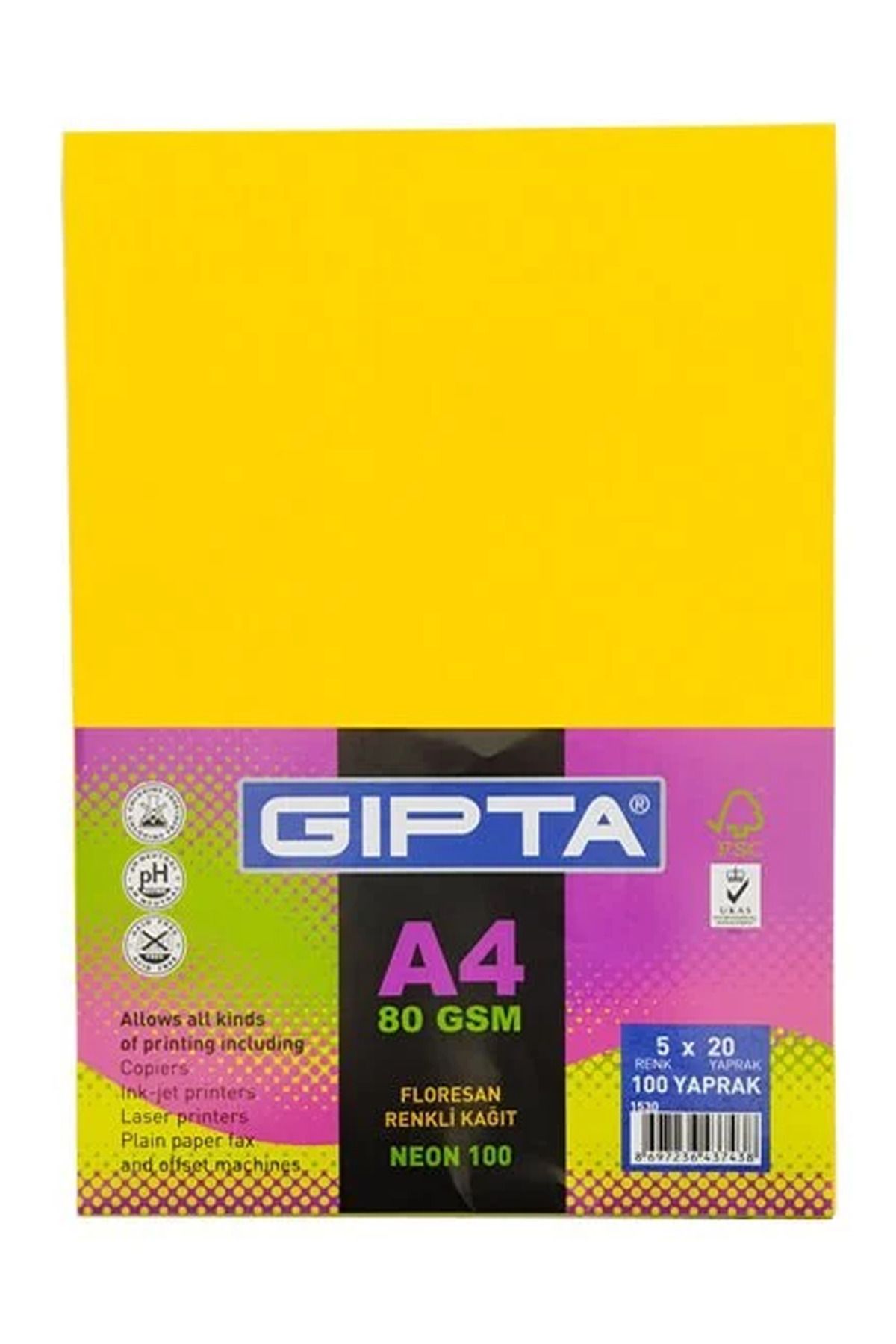 Kapamarka Gıpta 1530 A4 5 Neon Renk 100 lü Fotokopi Kağıdı