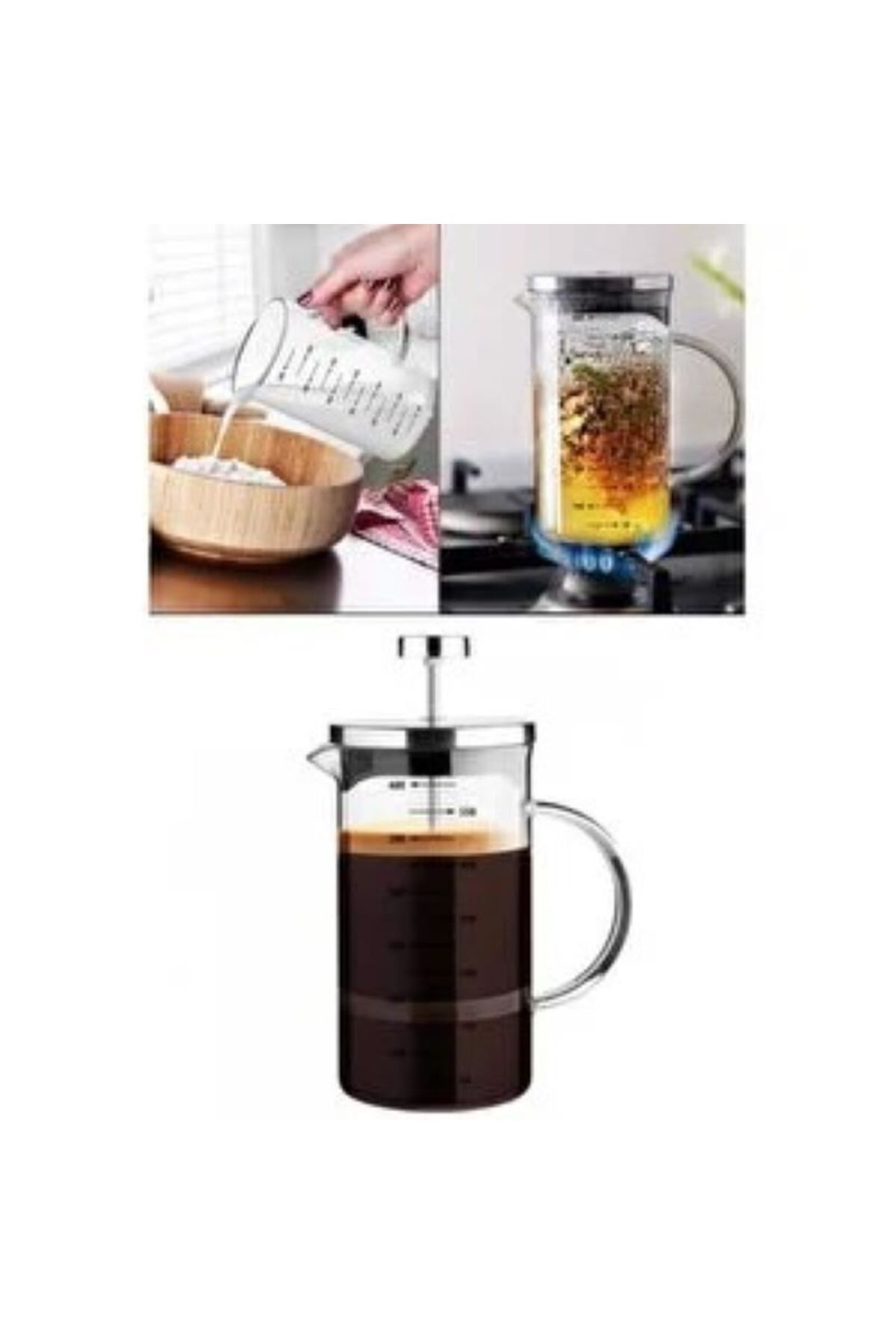 FRENCH PRESS Çelik Kapaklı Şık Tasarımlı 350 ml Cam French Press Kahve Demleme Makinesi