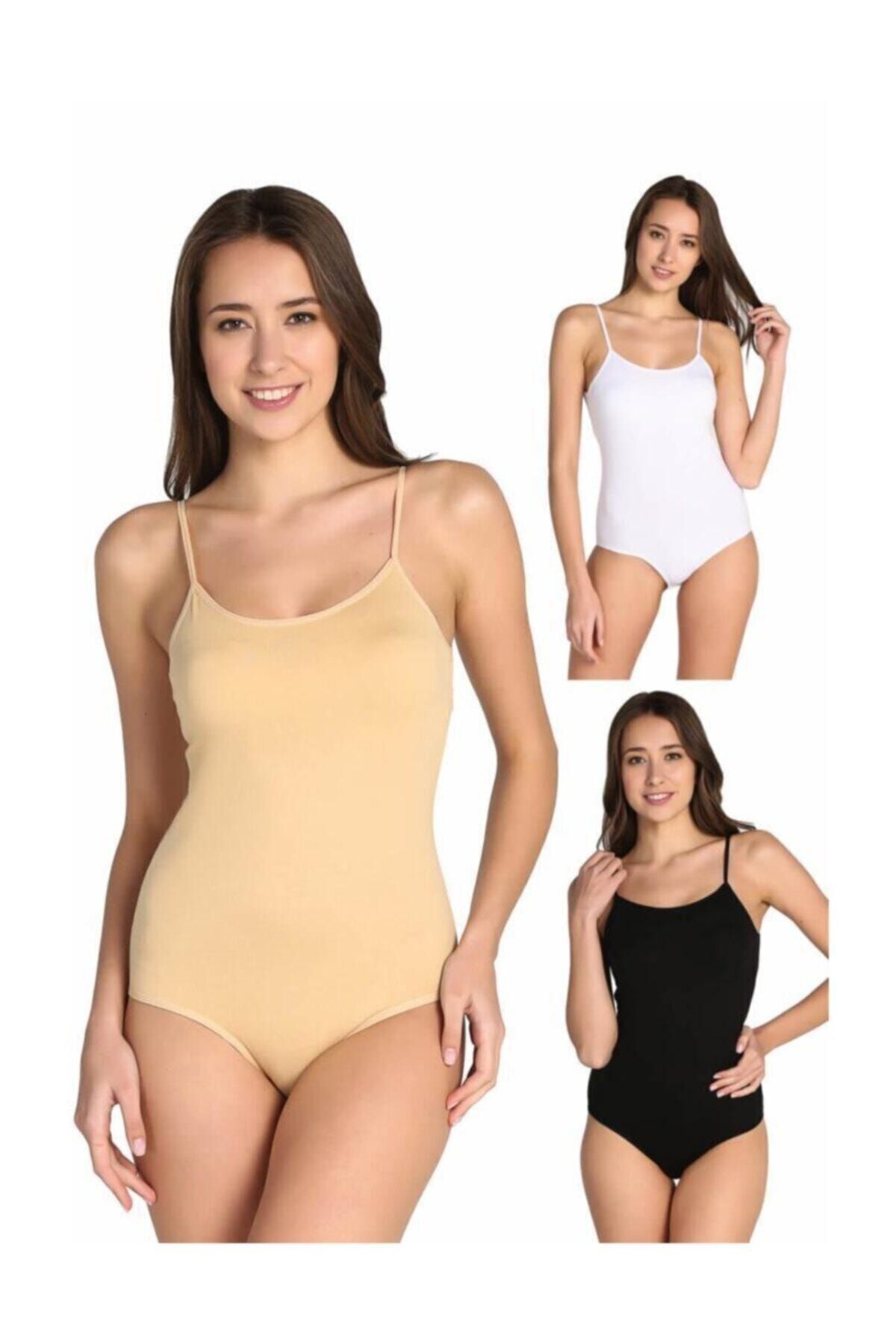 Pardon Kadın Karışık Renk 3'Lü Paket İp Askılı Likralı Kancalı Çıtçıtlı Body