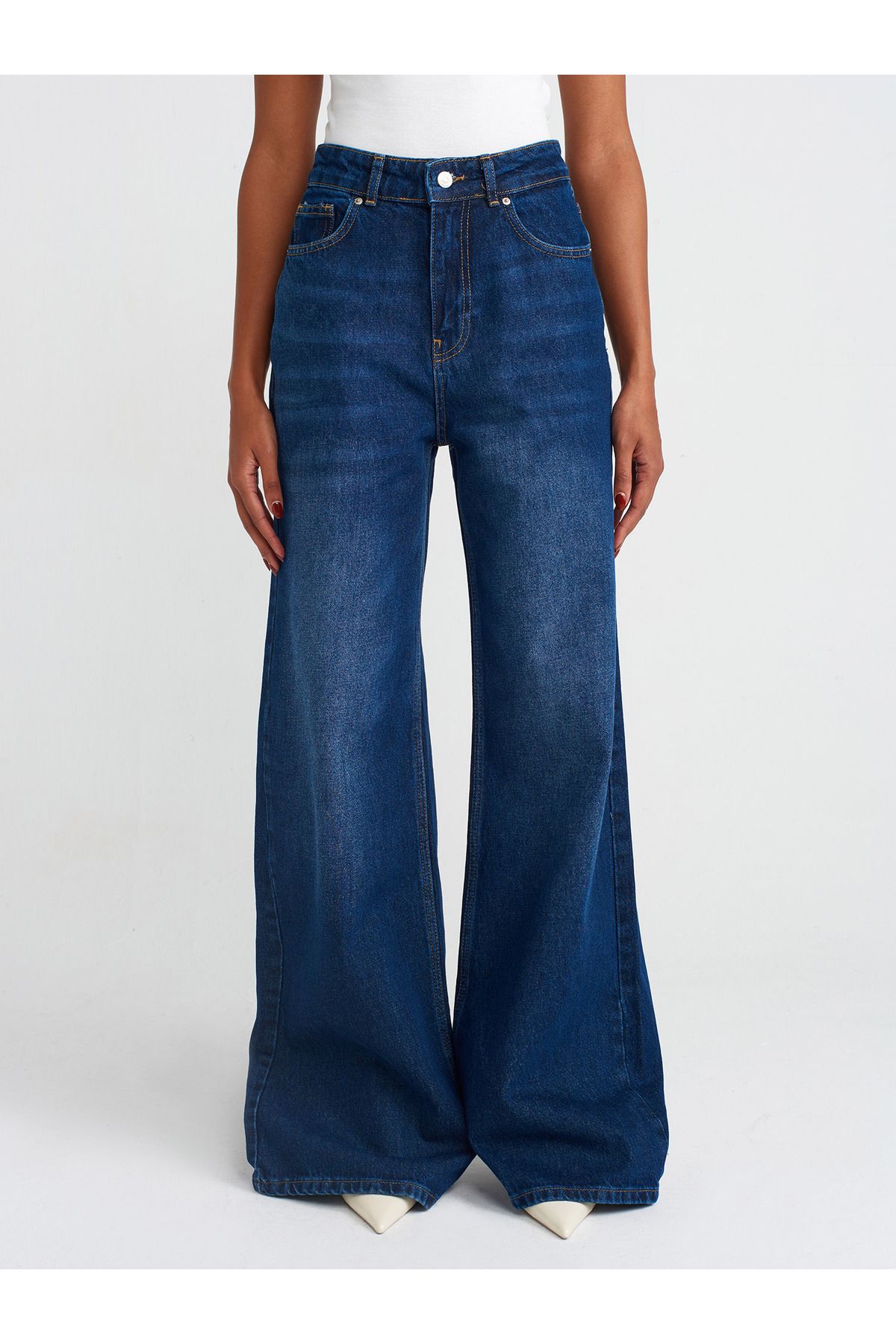Dilvin-71746 Pantaloni largi din denim de culoare închisă-albastru marin 3