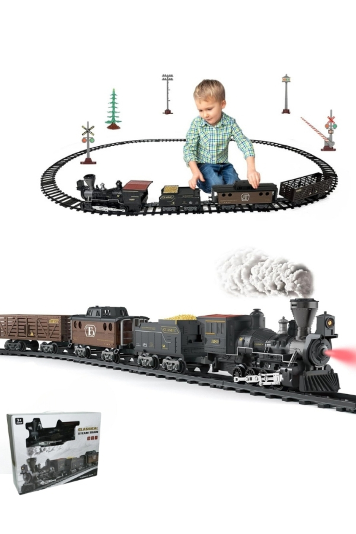 TUENGİ STORE Işıklı Sesli Buharlı Oyuncak Tren Seti Dev Boy Duman Atan Klasik Tren Seti 30 Parça