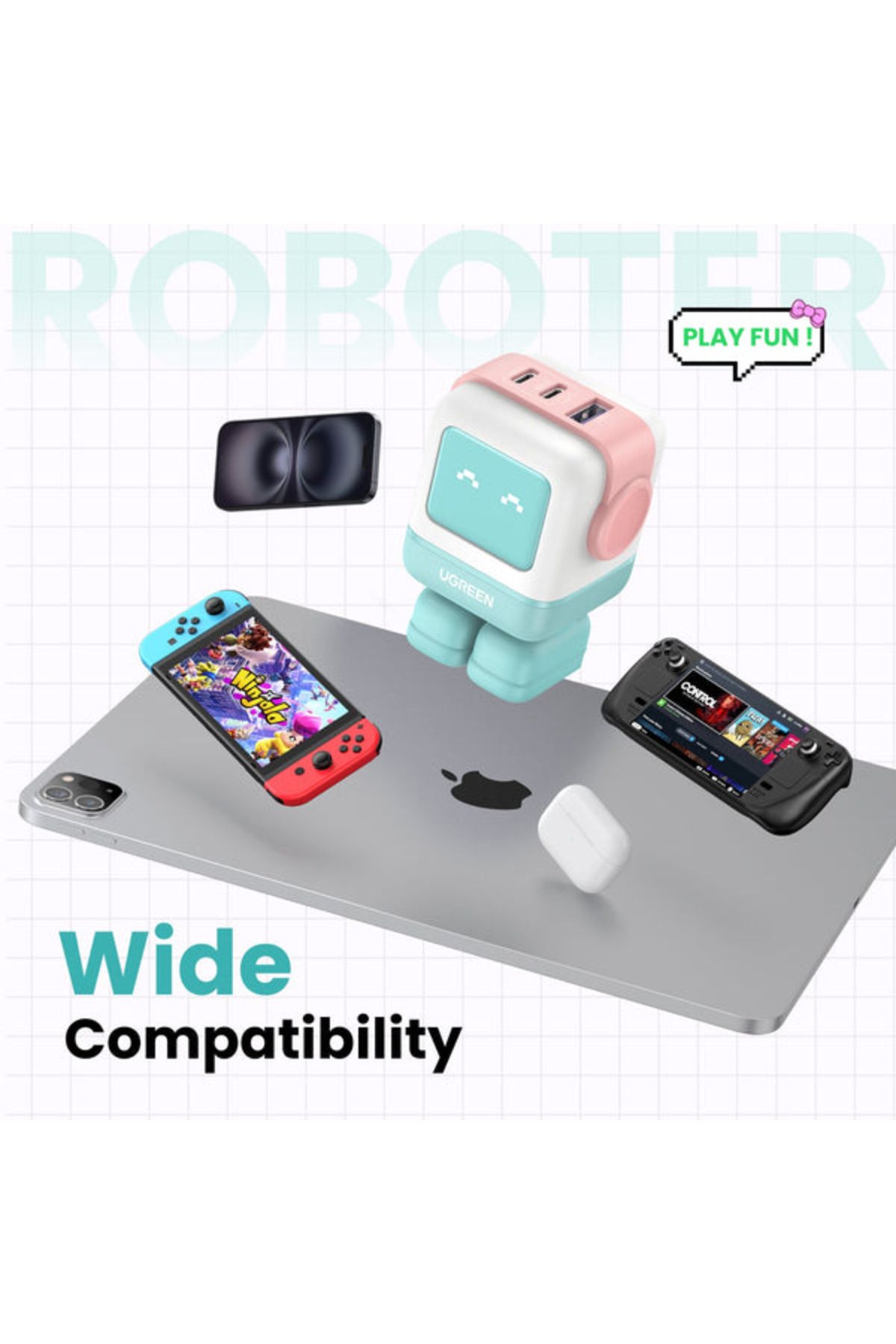 Ugreen-Nexode GaN Robot Wall Charge 2 USB-C Port and USB Port 65W - Pink Blue 2