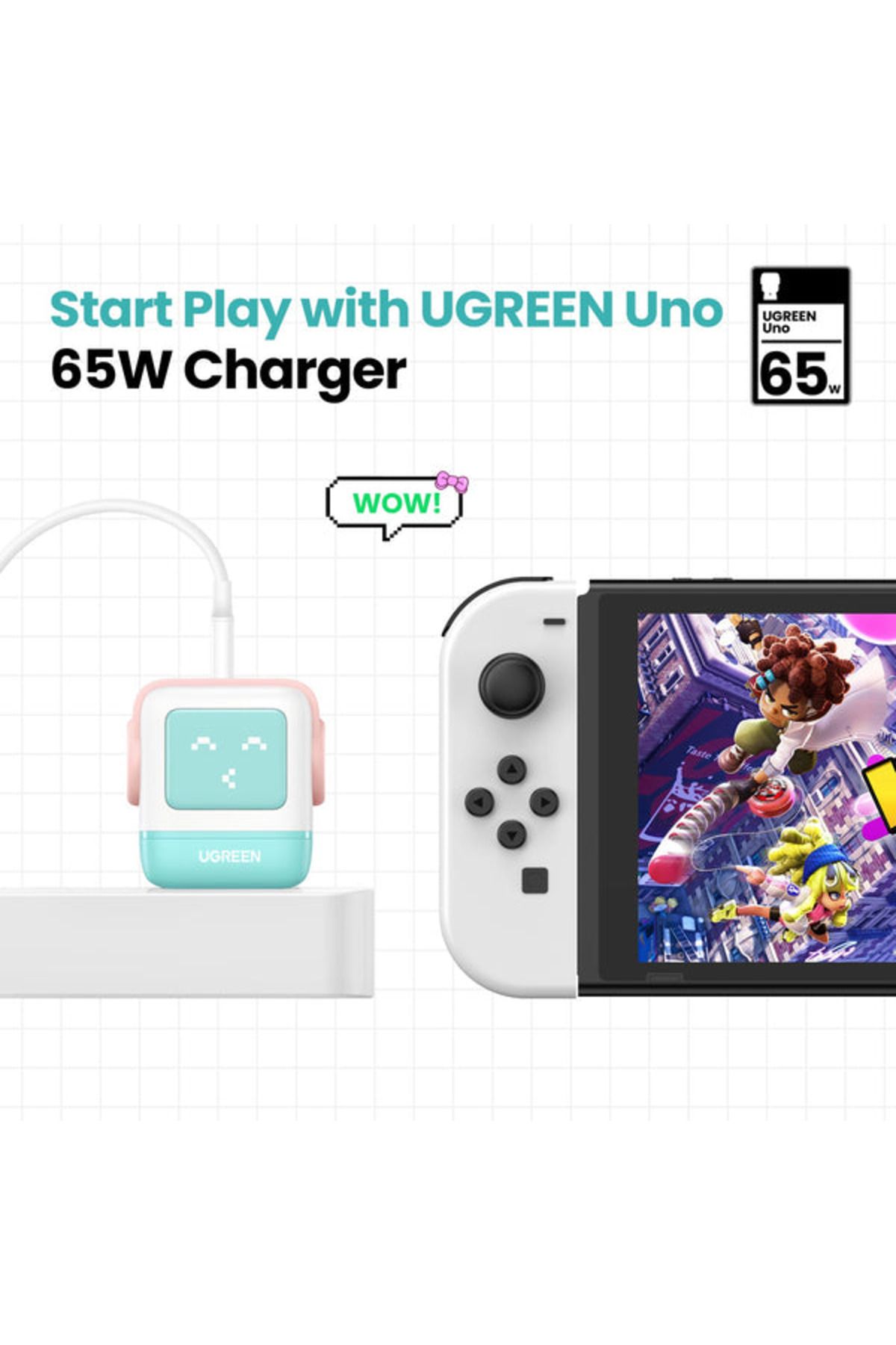 Ugreen-Nexode GaN Robot Wall Charge 2 USB-C Port and USB Port 65W - Pink Blue 5