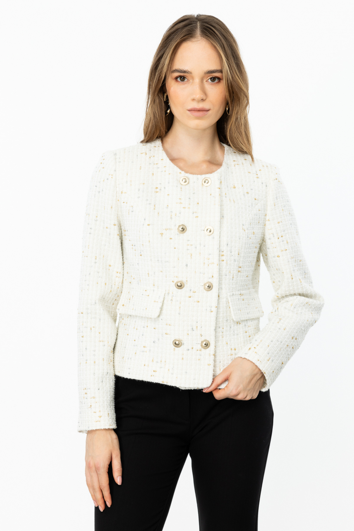 Ekol-Ecru-1123 Model Self Patterned Buttoned Jacket 3