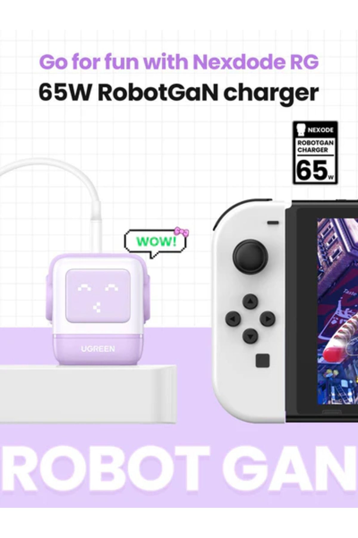 Ugreen-Nexode GaN Robot Wall Charge 2 USB-C Port and USB Port 65W - Purple 2