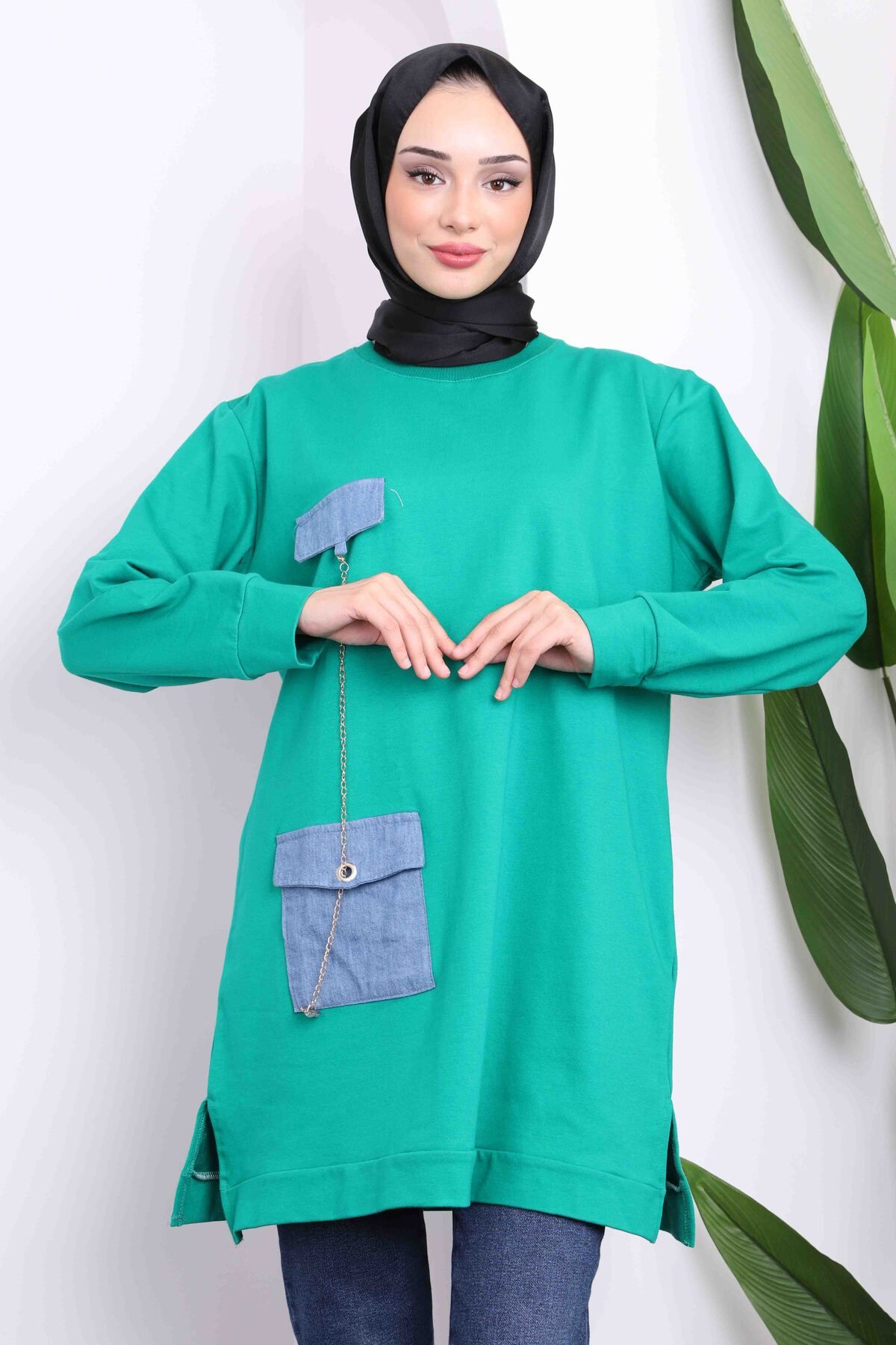 İmajButik-Green Denim Detail Crew Neck Two Yarn Tunic 1