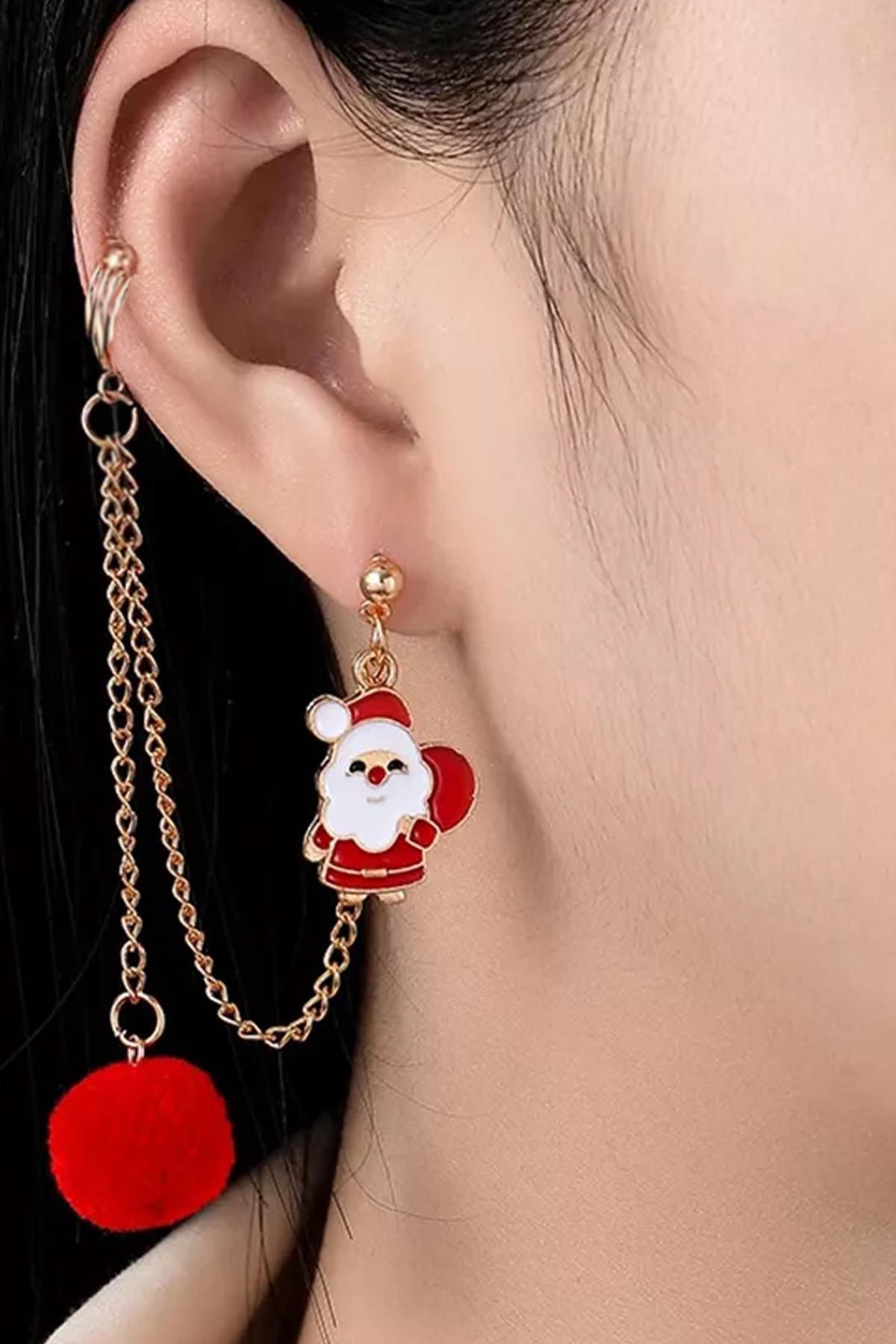 New Obsessions-Christmas Themed Santa Claus Dangle Cartilage Connected Earrings Set - 3 Pieces 2