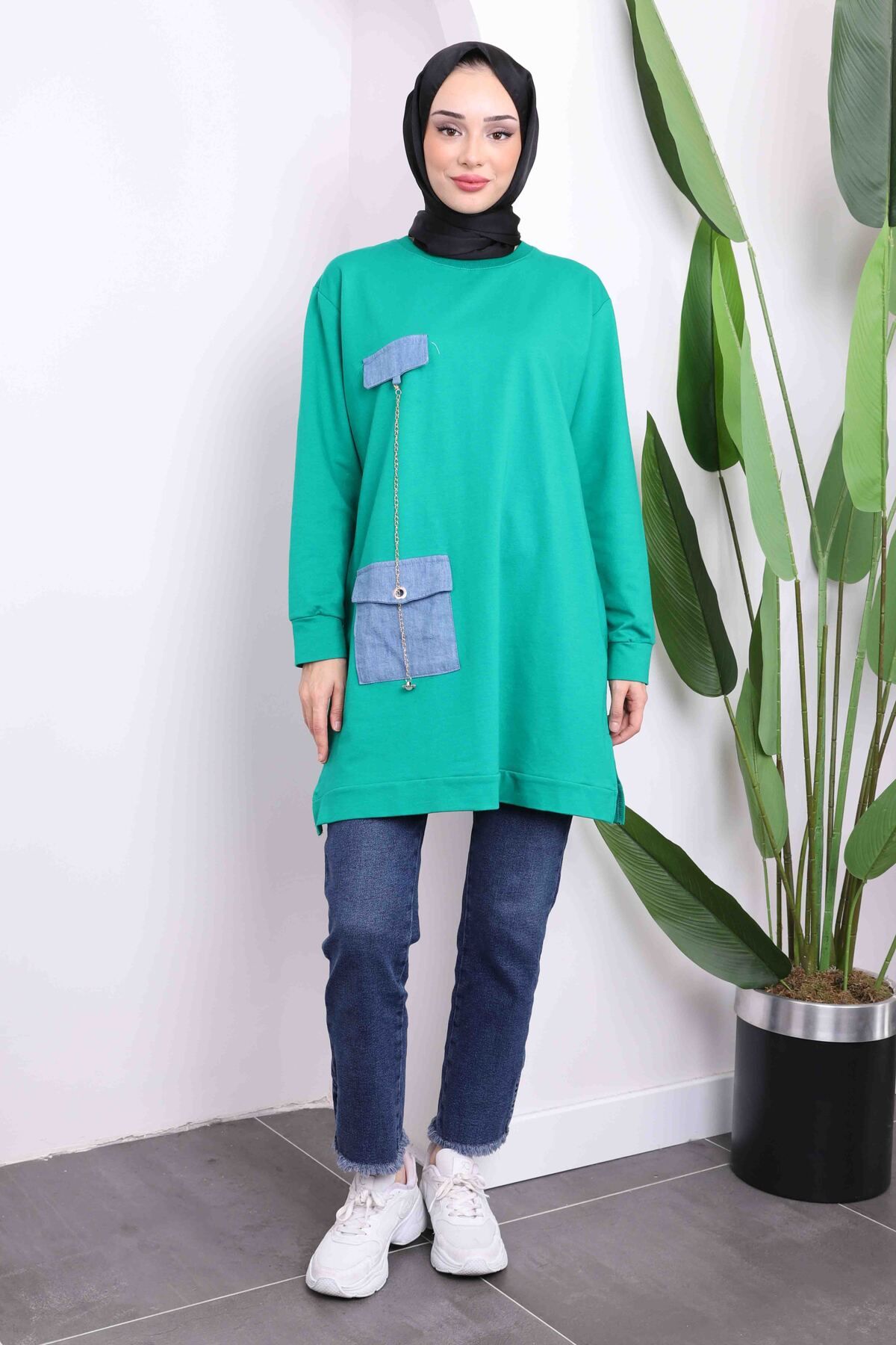 İmajButik-Green Denim Detail Crew Neck Two Yarn Tunic 2